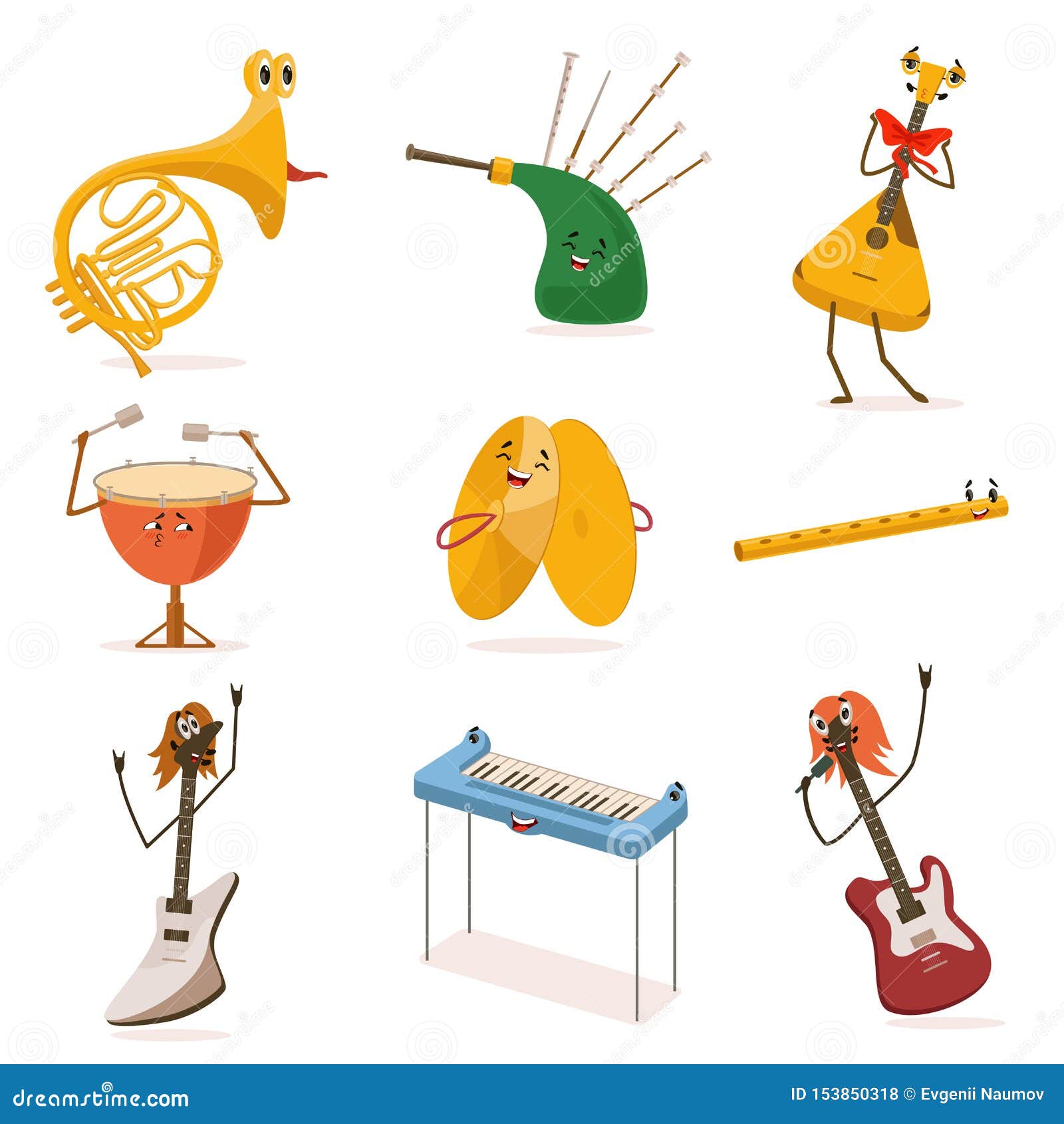 Funny Musical Instruments Cartoon Characters with Funny Faces Set, Guitar,  Synthesizer, Flute, Bagpipes, Balalaika Stock Vector - Illustration of  musical, horn: 153850318