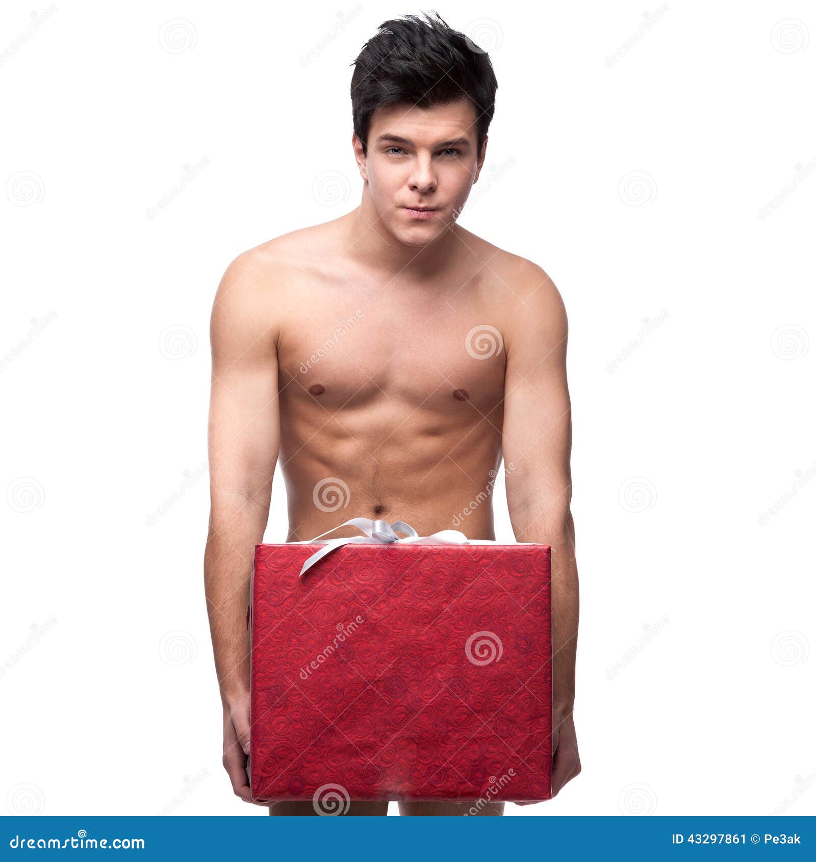 Funny Naked Man Holding Christmas Gift Stock Photo - Image 
