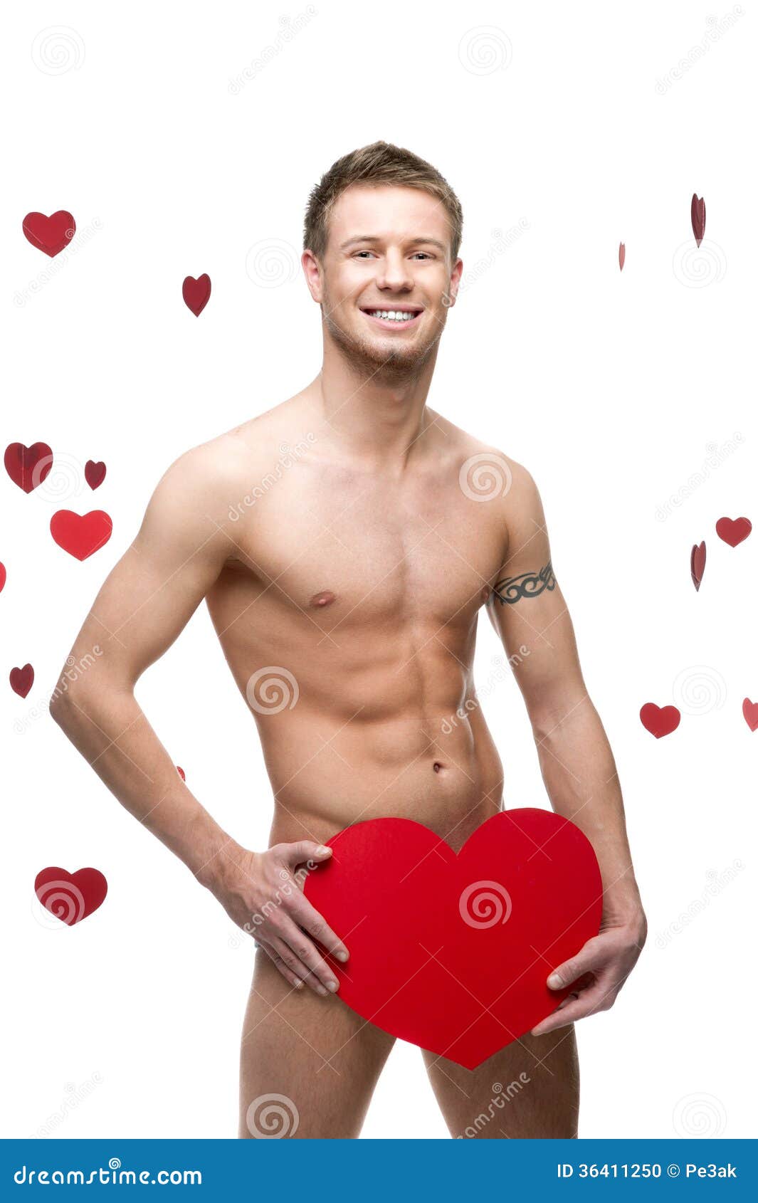 Funny Naked Man Holding Big Red Paper Heart Royalty Free 