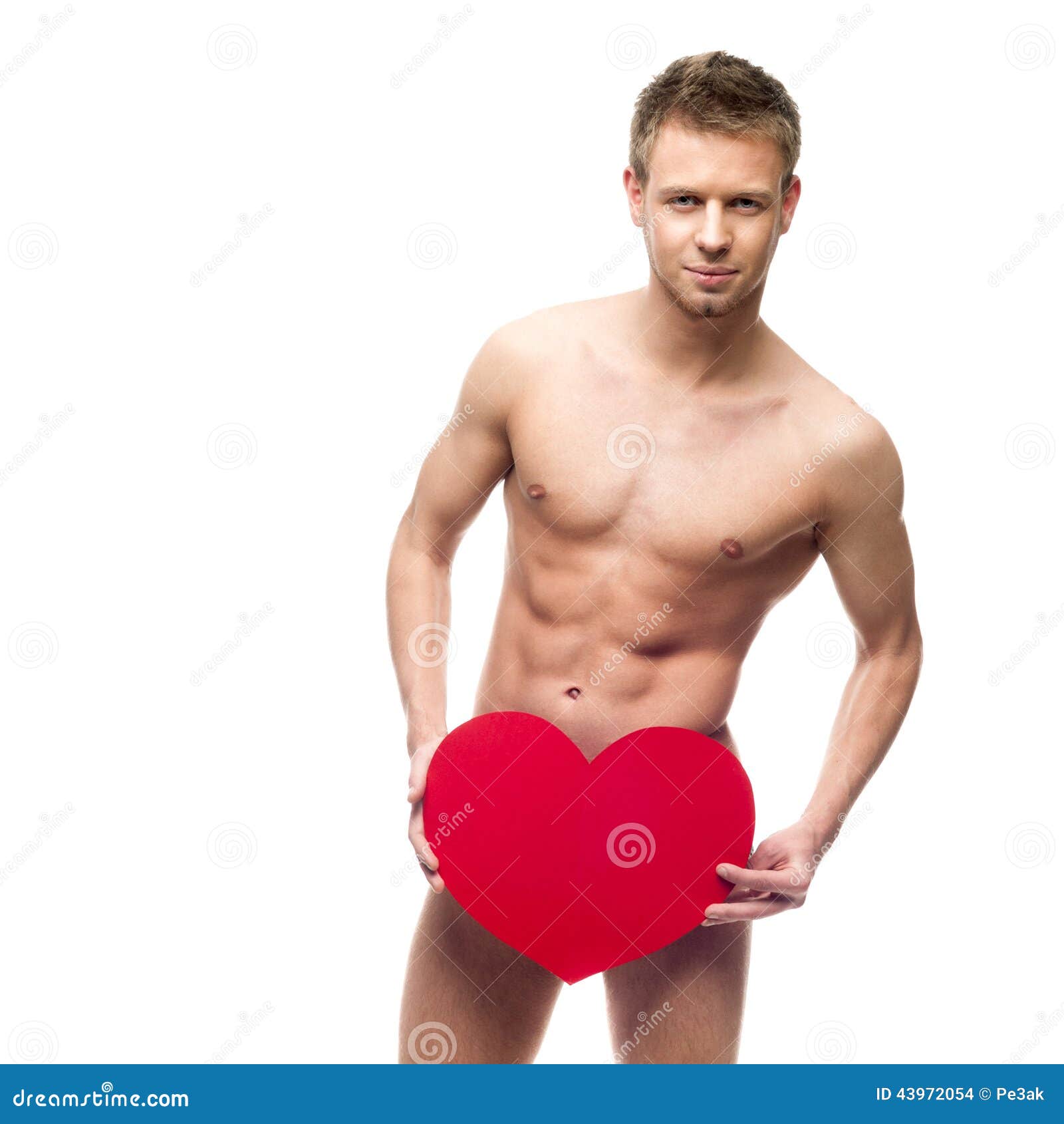 Funny Naked Man Holding Big Red Paper Heart Stock Image 
