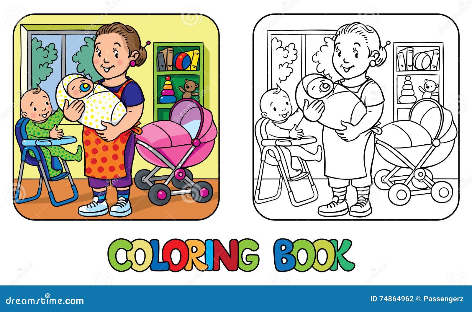 funny nanny with children. coloring book.