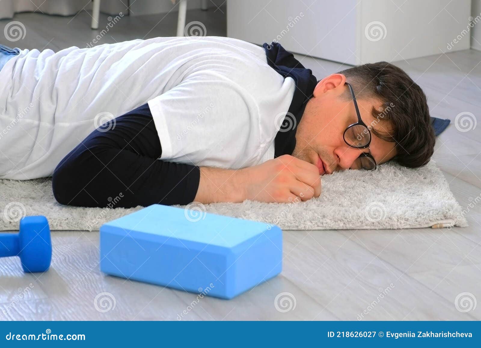 Funny Nerd Man in Glasses is Falling on Carpet and Sleeping on Floor at  Home. Stock Image - Image of nerd, block: 218626027