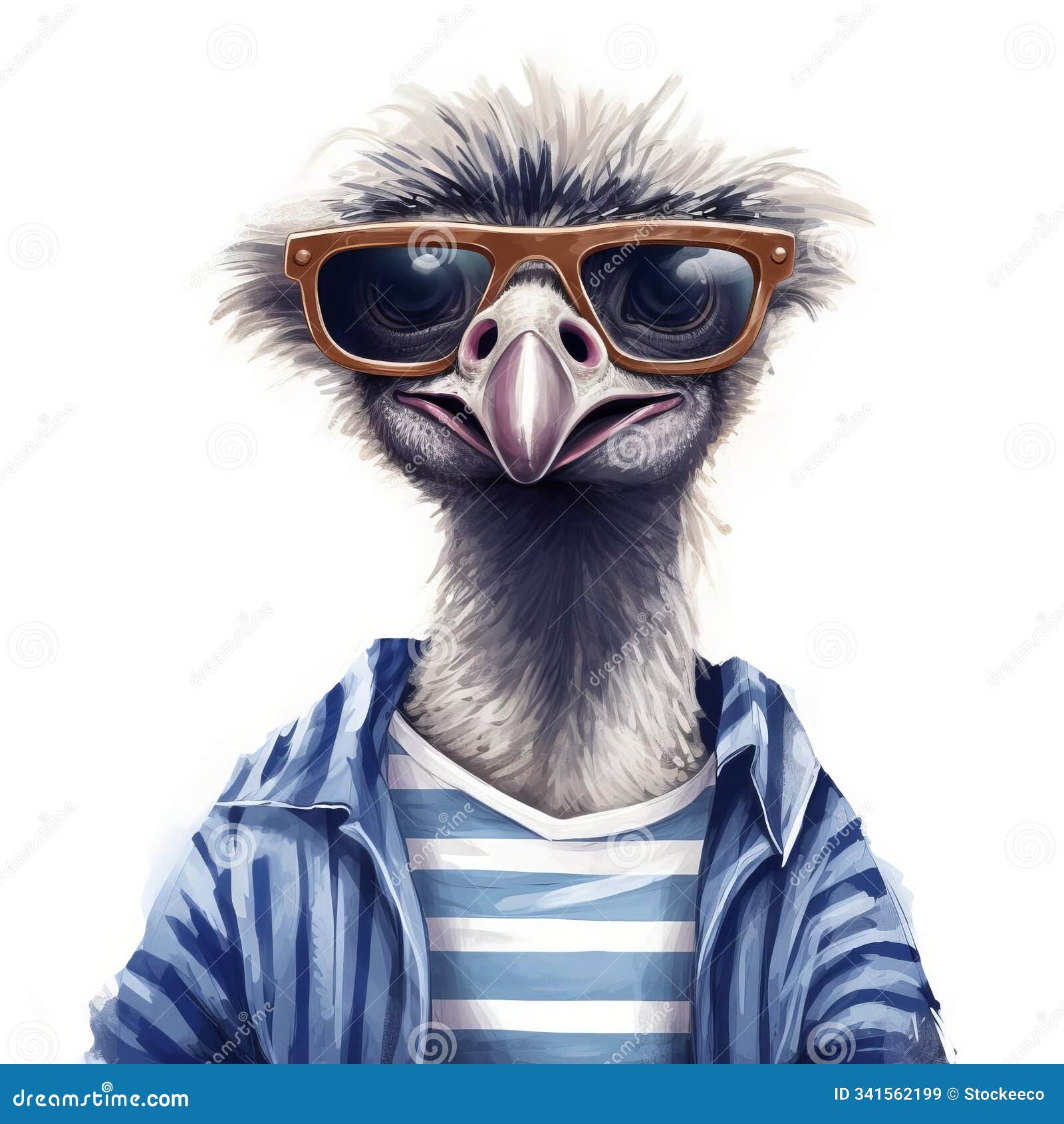 funny ostrich wearing sunglasses and stripe sweater on white