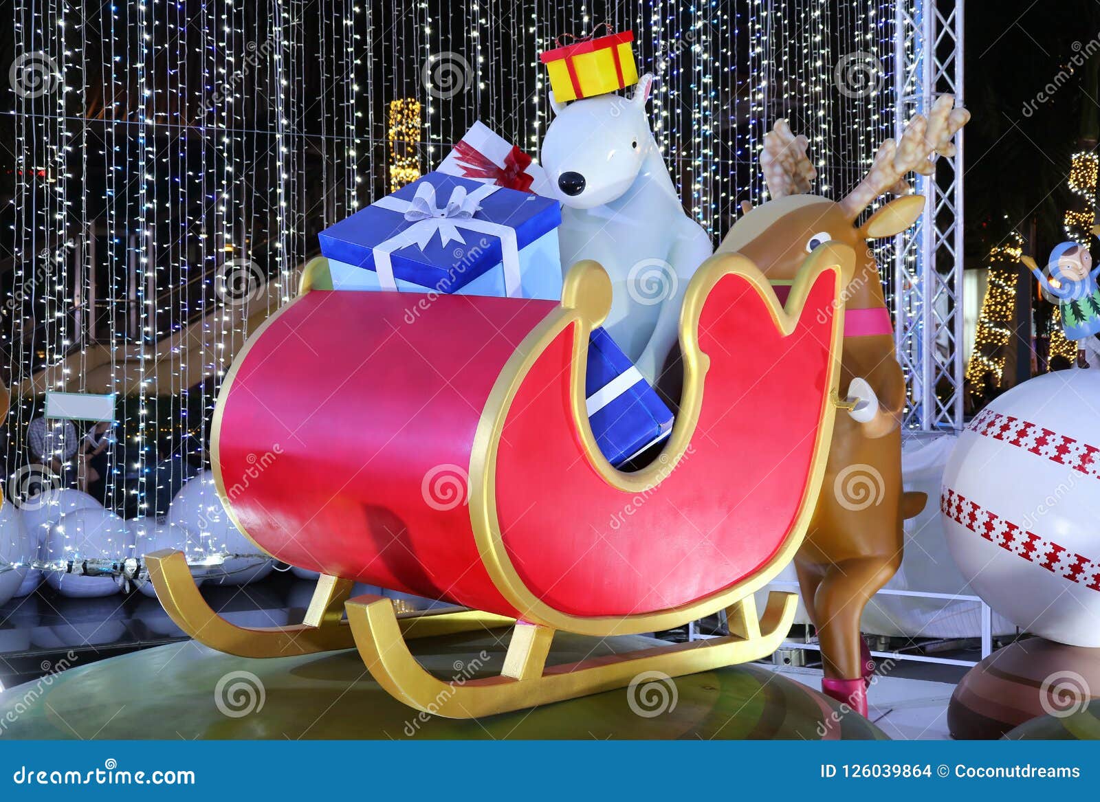 Funny Outdoor Christmas Decorations of a Reindeer Pushing Sleigh Full of Presents and a Polar Bear Stock Photo - Image of leisure, beautiful: 126039864 Funny Outdoor Christmas Decorations of a Reindeer Pushing Sleigh Full of Presents and a Polar Bear Stock Photo - Image of leisure, beautiful: 126039864