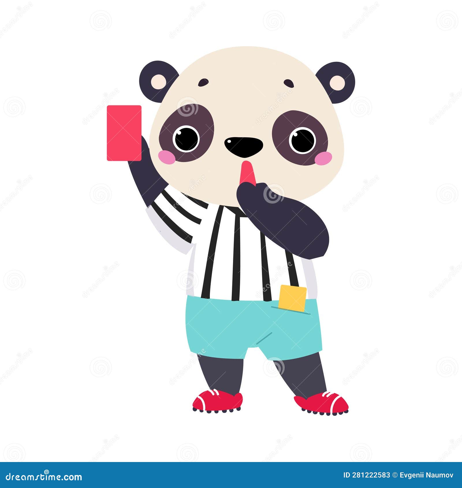 funny panda animal character referee showing red card and whistle  