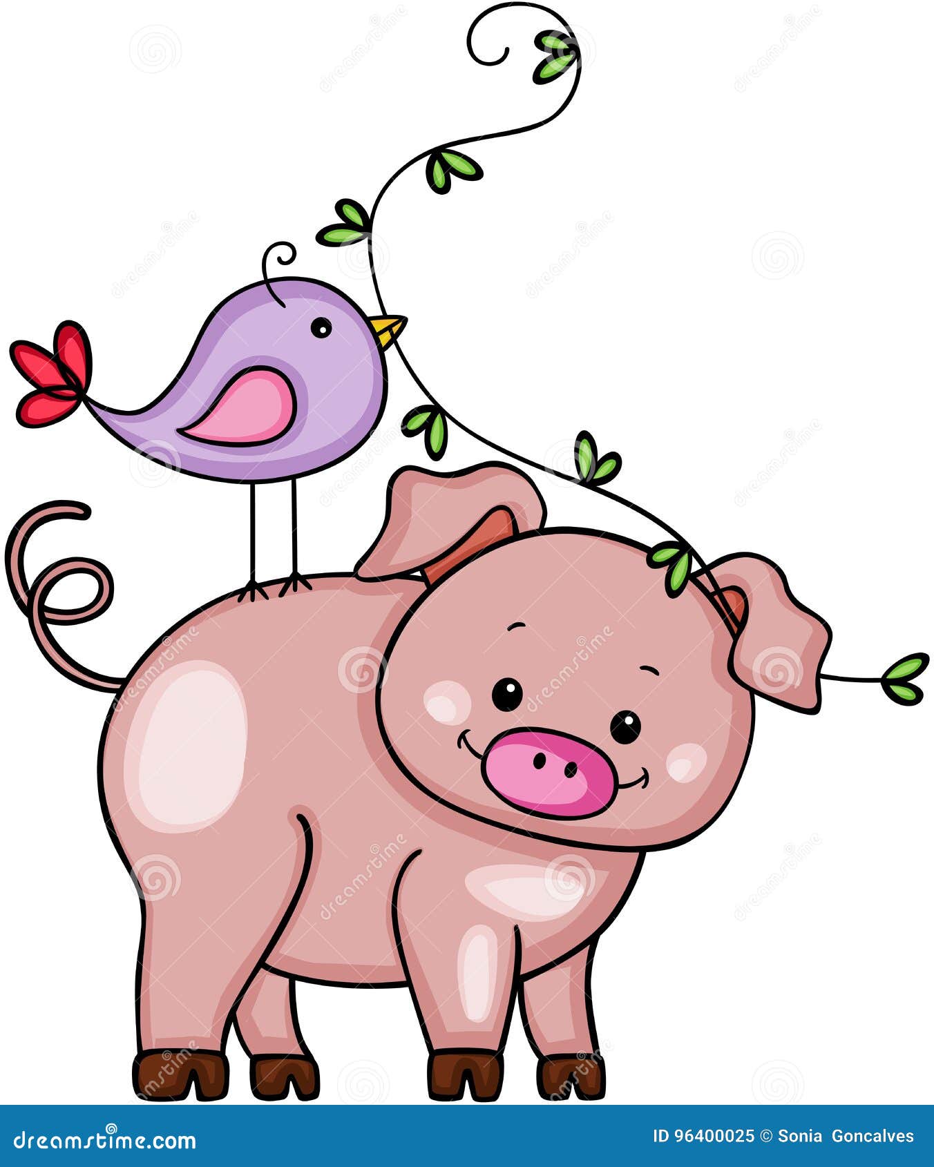 Funny pig with cute bird stock vector. Illustration of friend 96400025