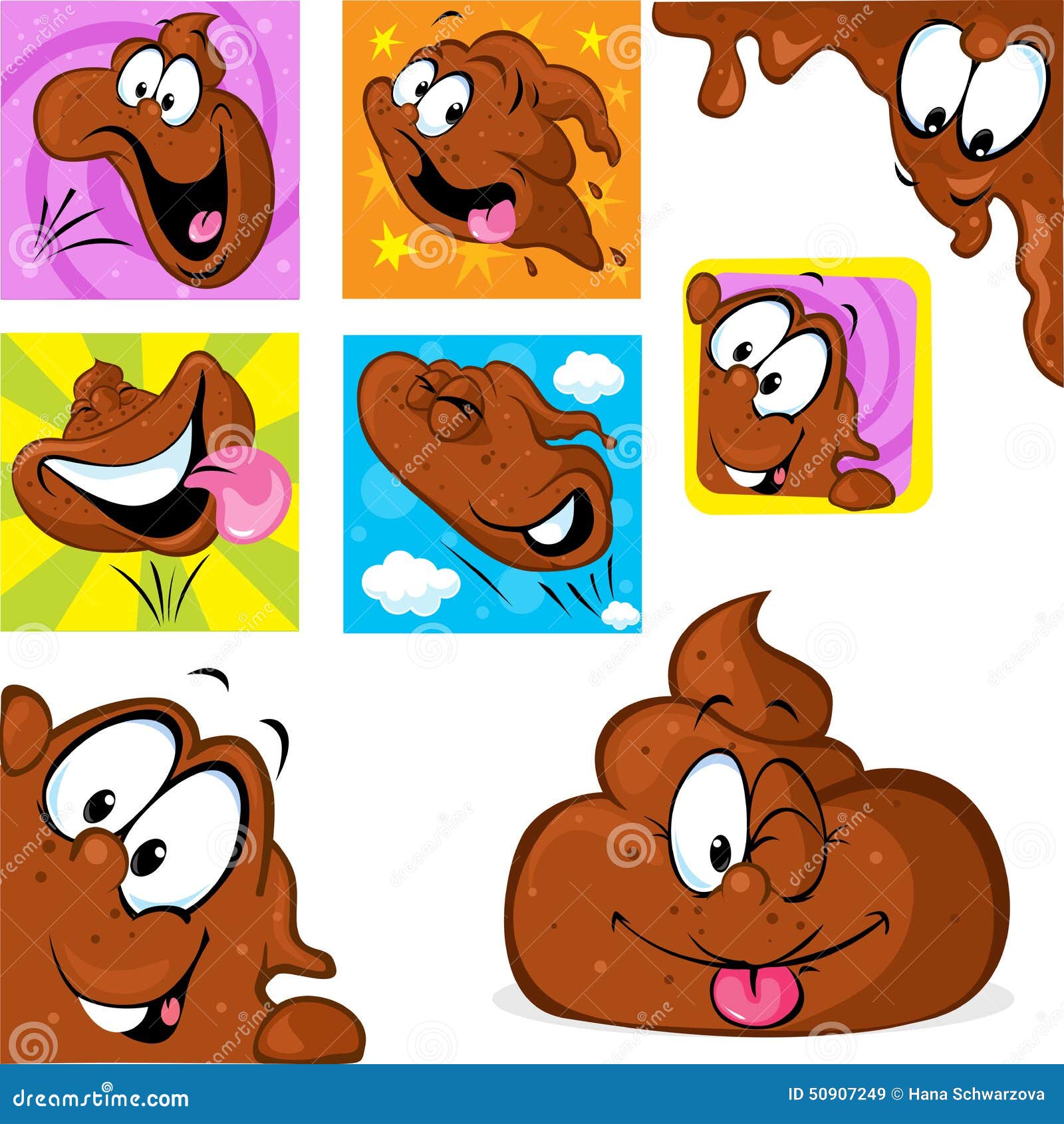 funny poo character in many position - jumping, peeking out