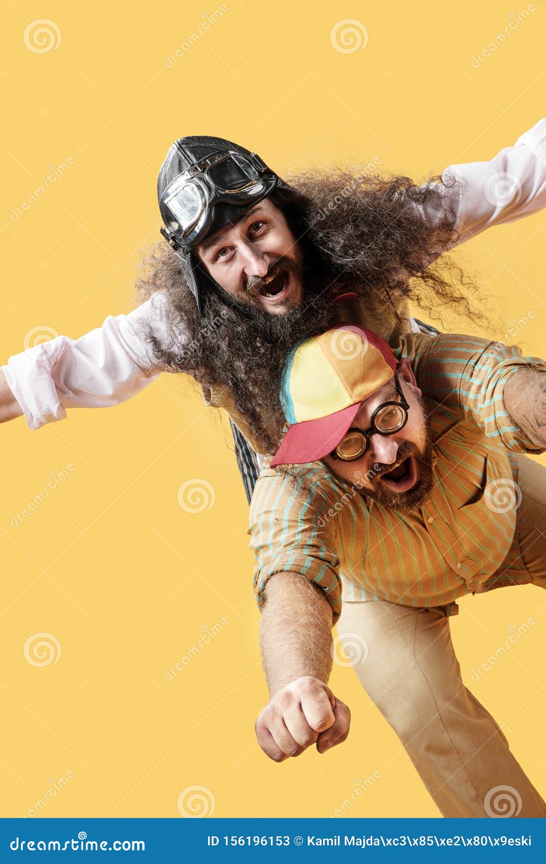 Funny Portrait of Two Friends Acting Flying Stock Image - Image of ...