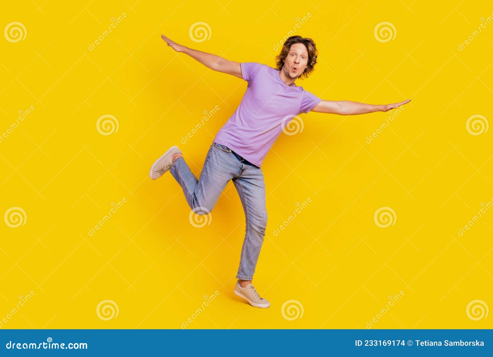 Funny Positive Inspired Guy Stand One Leg Pretend Plane Pose Stock ...