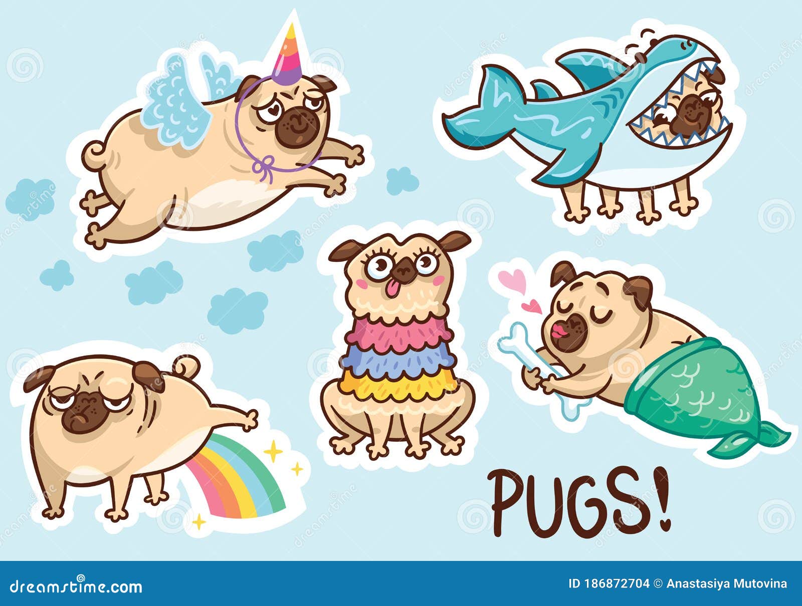 funny pug dog sticker set.  