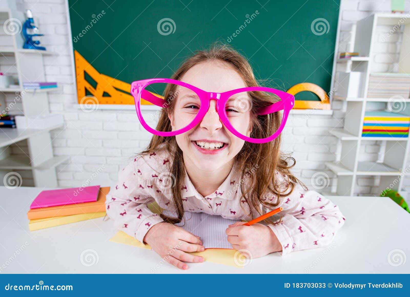 Funny Pupil in Glasses in Classroom. Little Ready To Study. Back ...