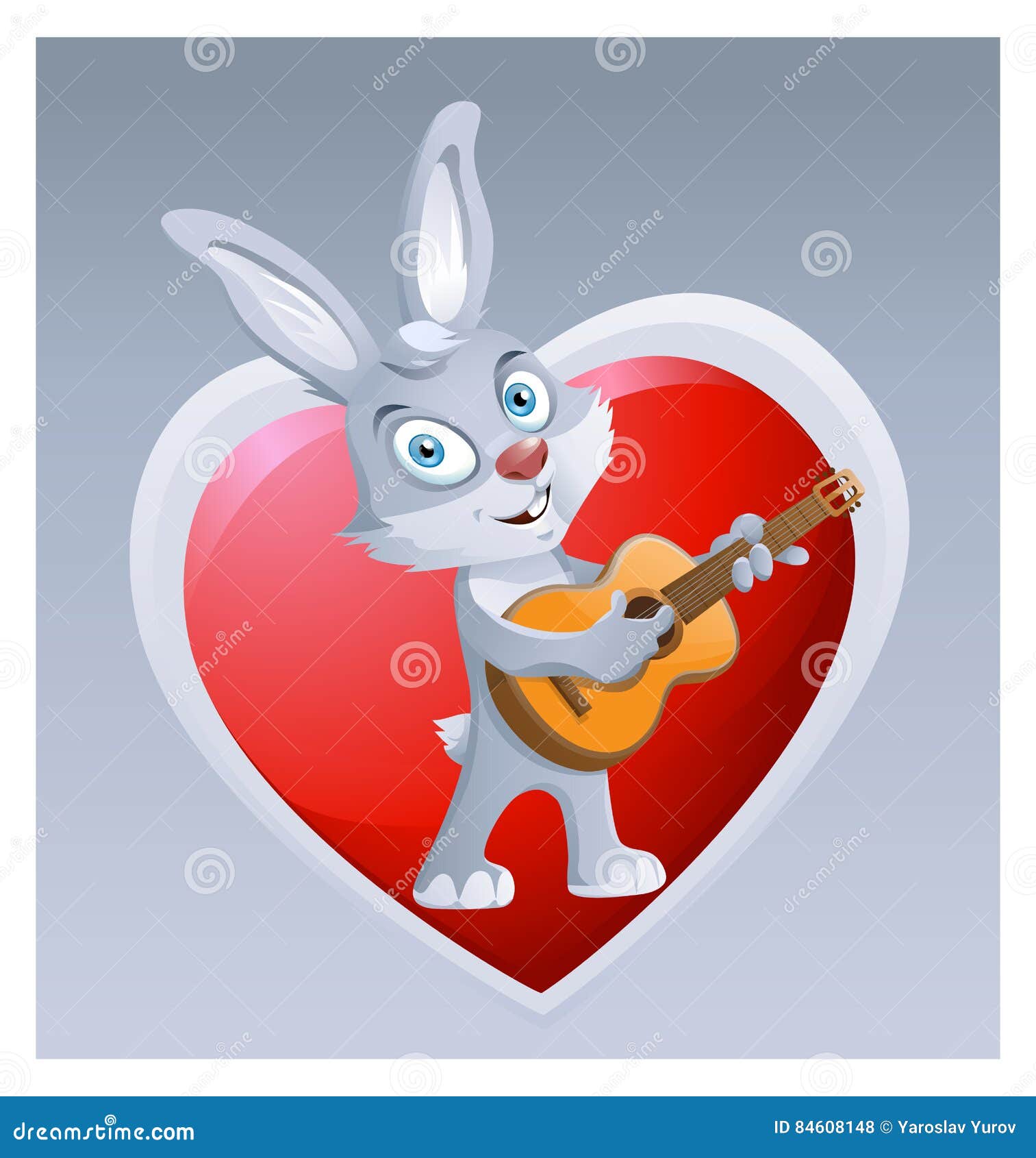 Funny Rabbit Playing Guitar On The Background Of Big Red Heart. Stock