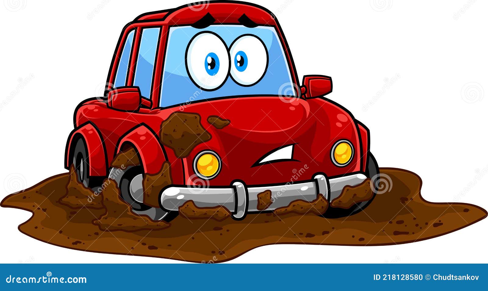 Funny Red Car Cartoon Character Stuck Mud Dirty Puddle Stock Vector -  Illustration of popular, drive: 218128580