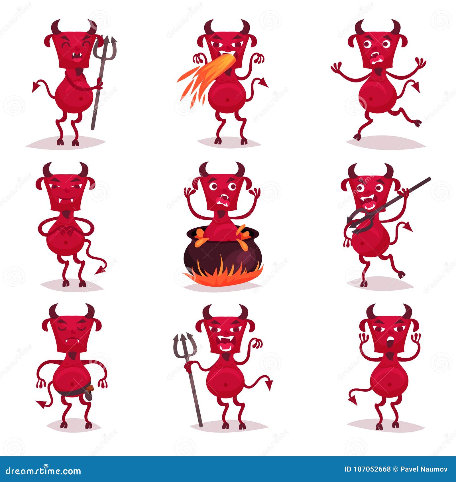 Funny Red Devils with Horns and Tails Set, Demon Positive Cartoon