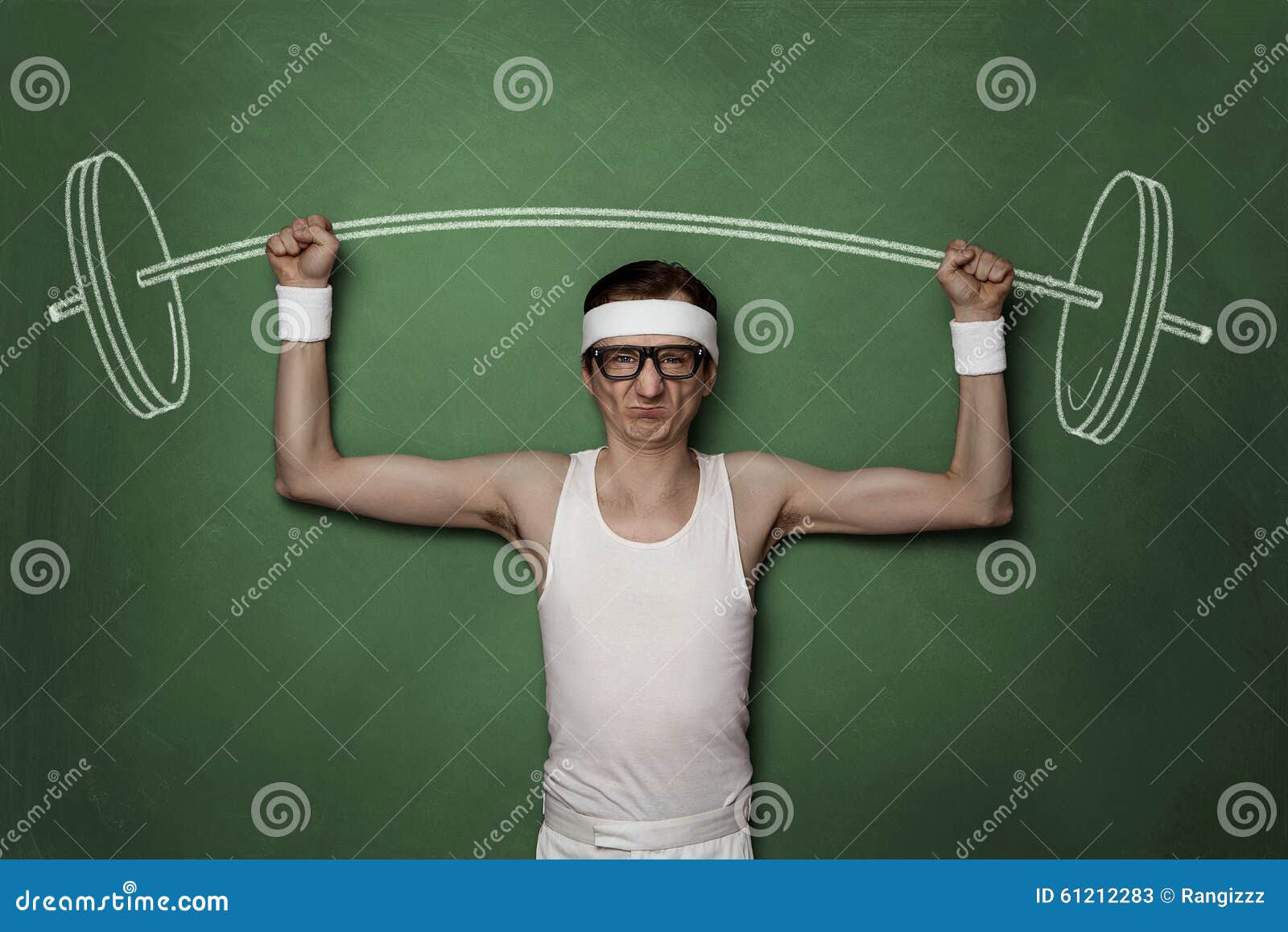 funny retro sport nerd lifting weights drawn chalkboard 61212283