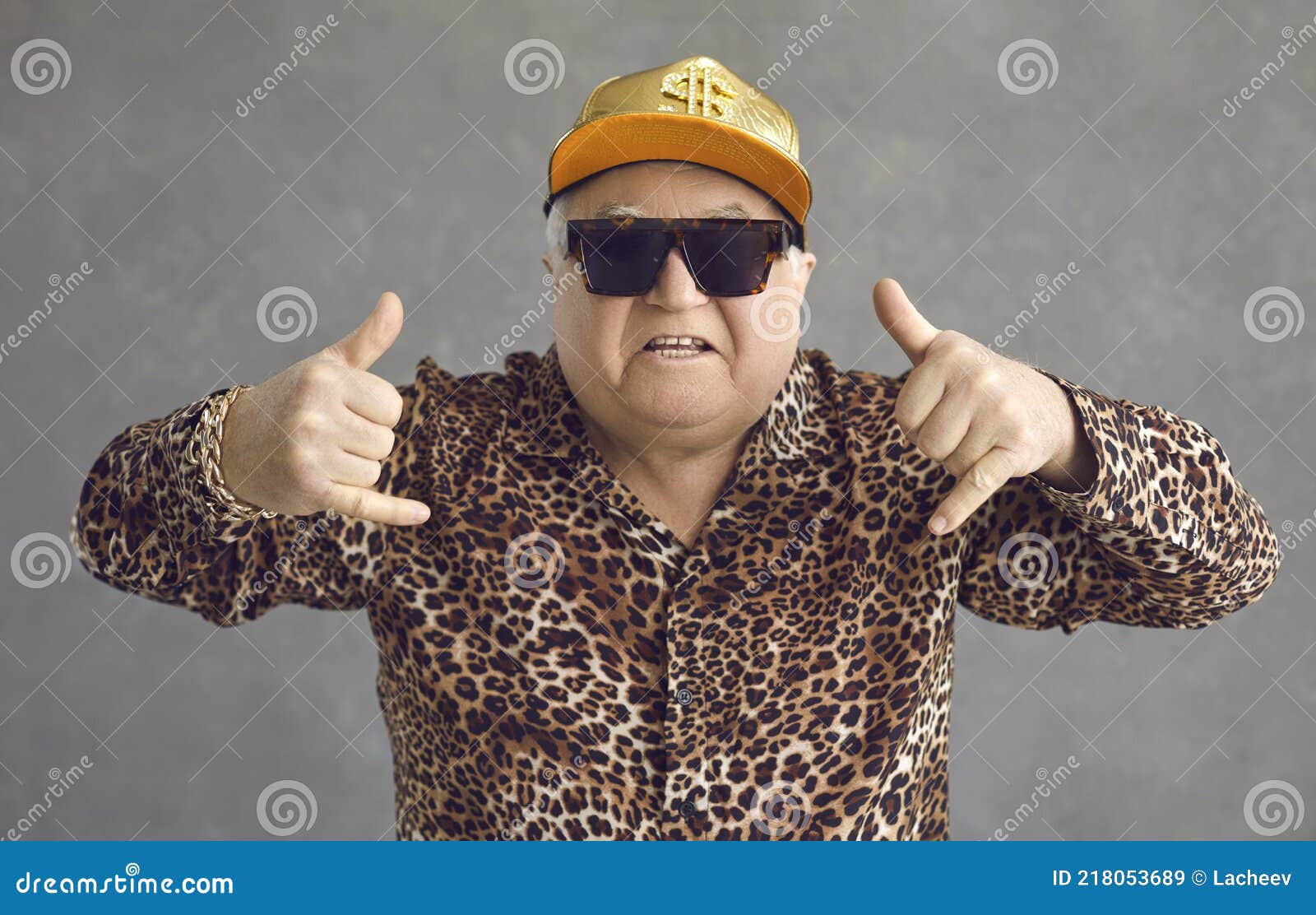 Funny Rich Senior Man in Baseball Cap, Glasses and Leopard Shirt Enjoying  Music and Having Fun Stock Image - Image of grimacing, people: 218053689