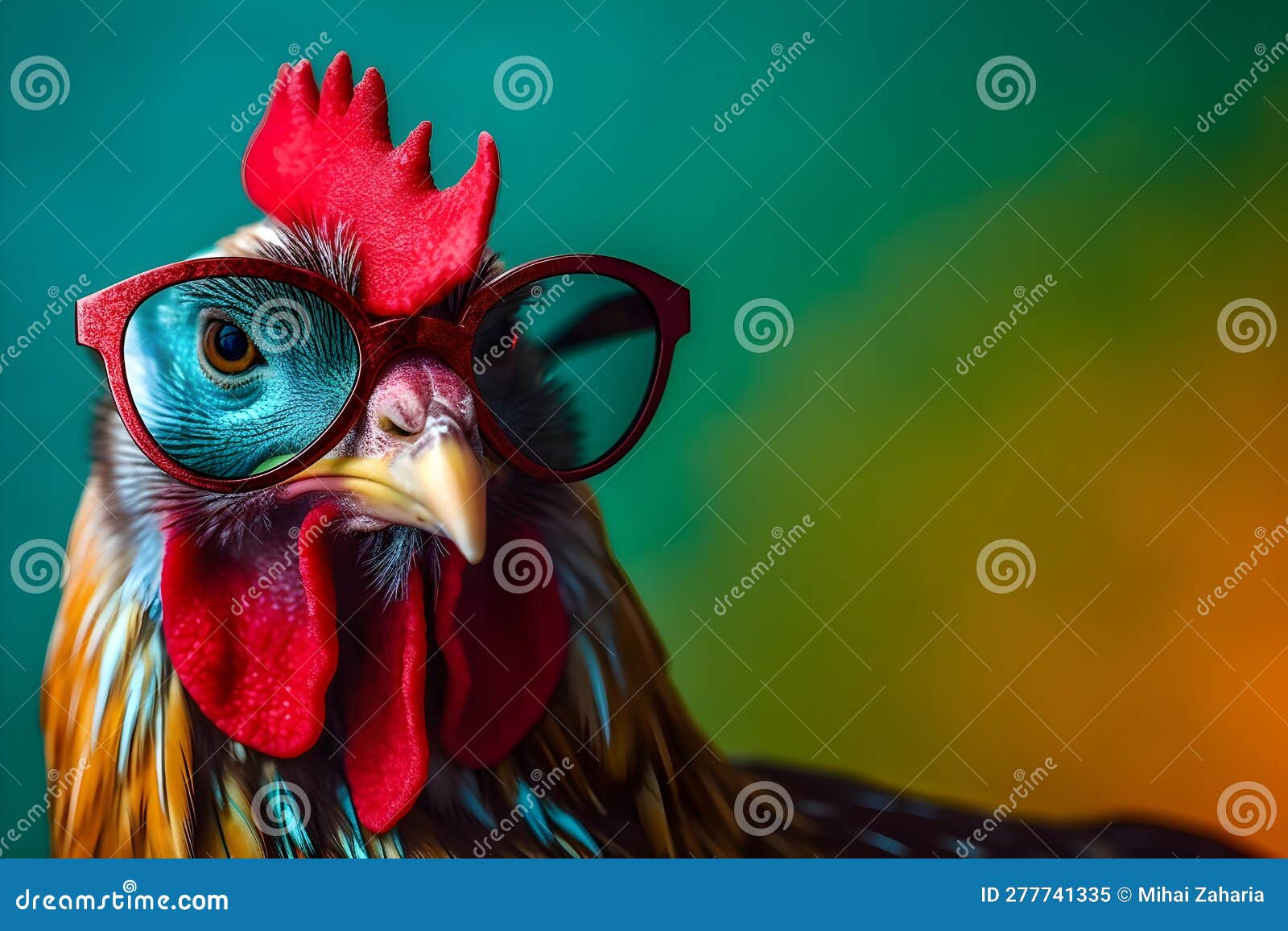 Funny Rooster Wearing Sunglasses in Studio with a Colorful and Bright