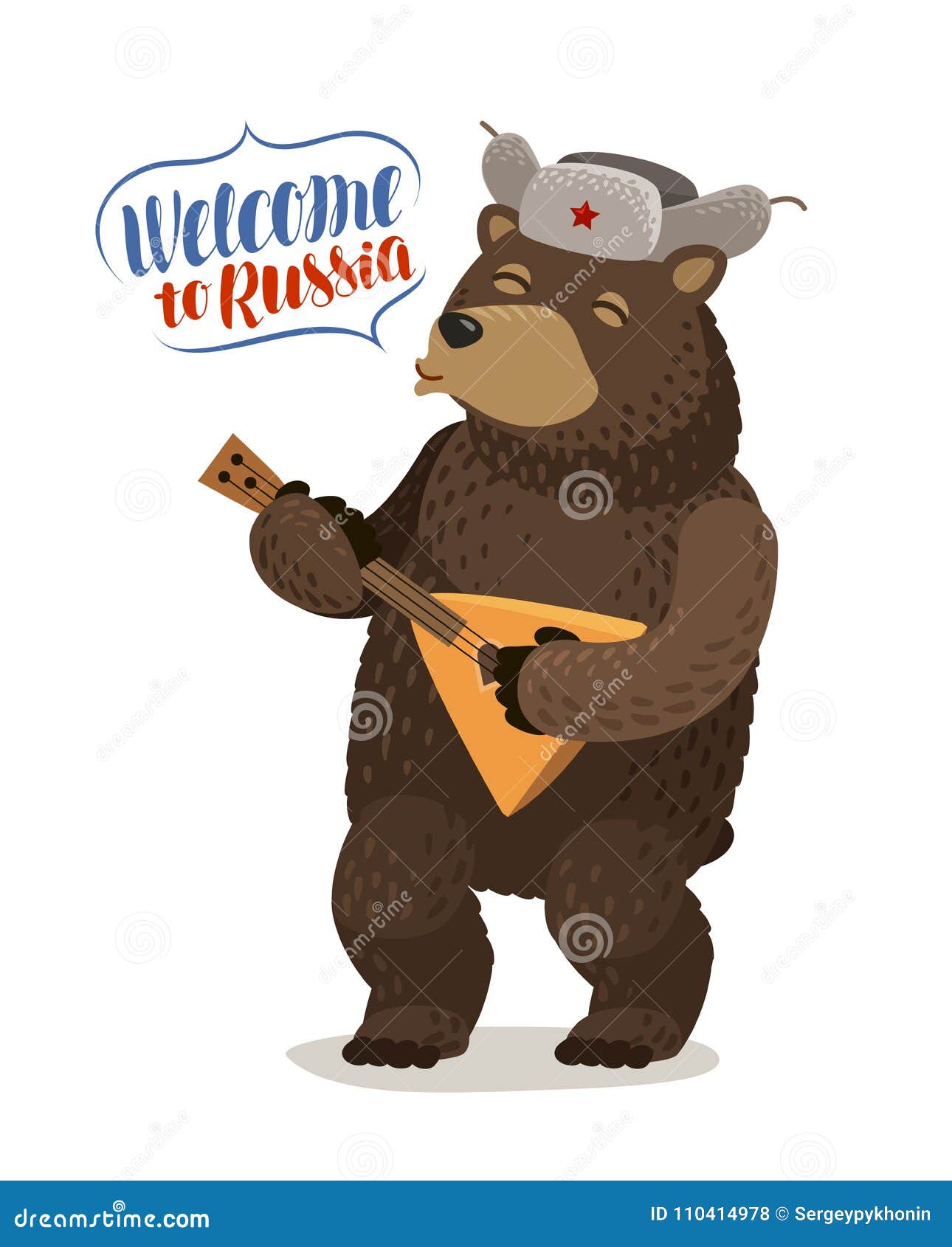 funny russian bear in cap with earflaps plays balalaika. welcome to russia, lettering  