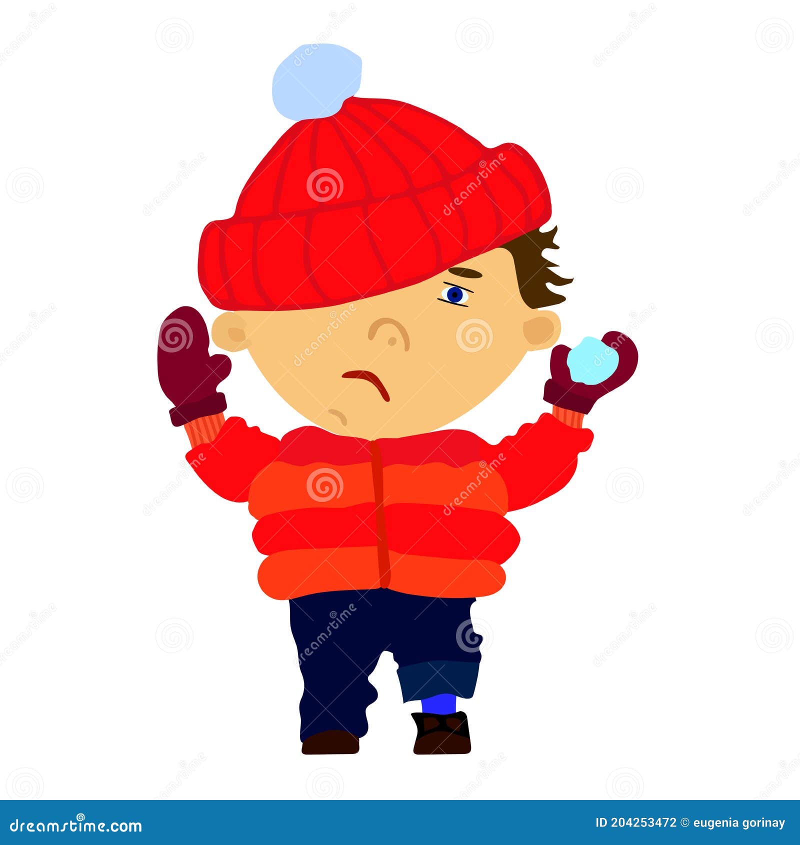 Funny Sad Boy Throwing a Snowball. Flat Illustration in Cartoon Style  Isolated on White Background. Stock Vector - Illustration of concept,  children: 204253472