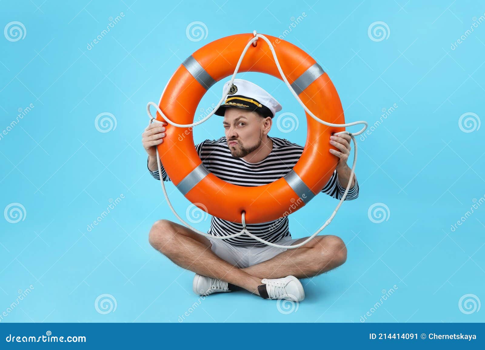 Funny Sailor with Orange Ring Buoy on Light Blue Background Stock Image ...