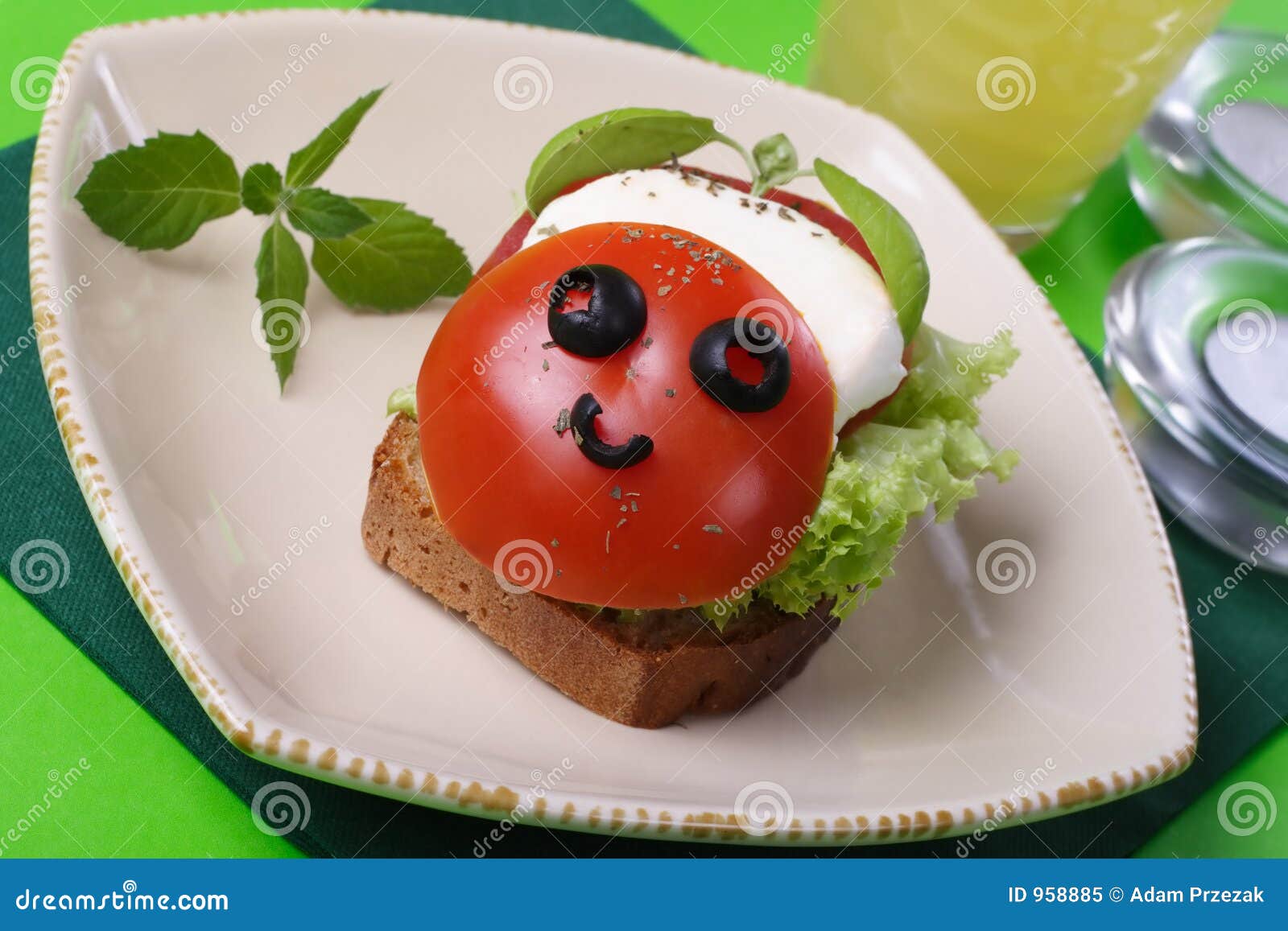 Funny Sandwich with Mozzarella Cheese and Tomato Stock Image Image of