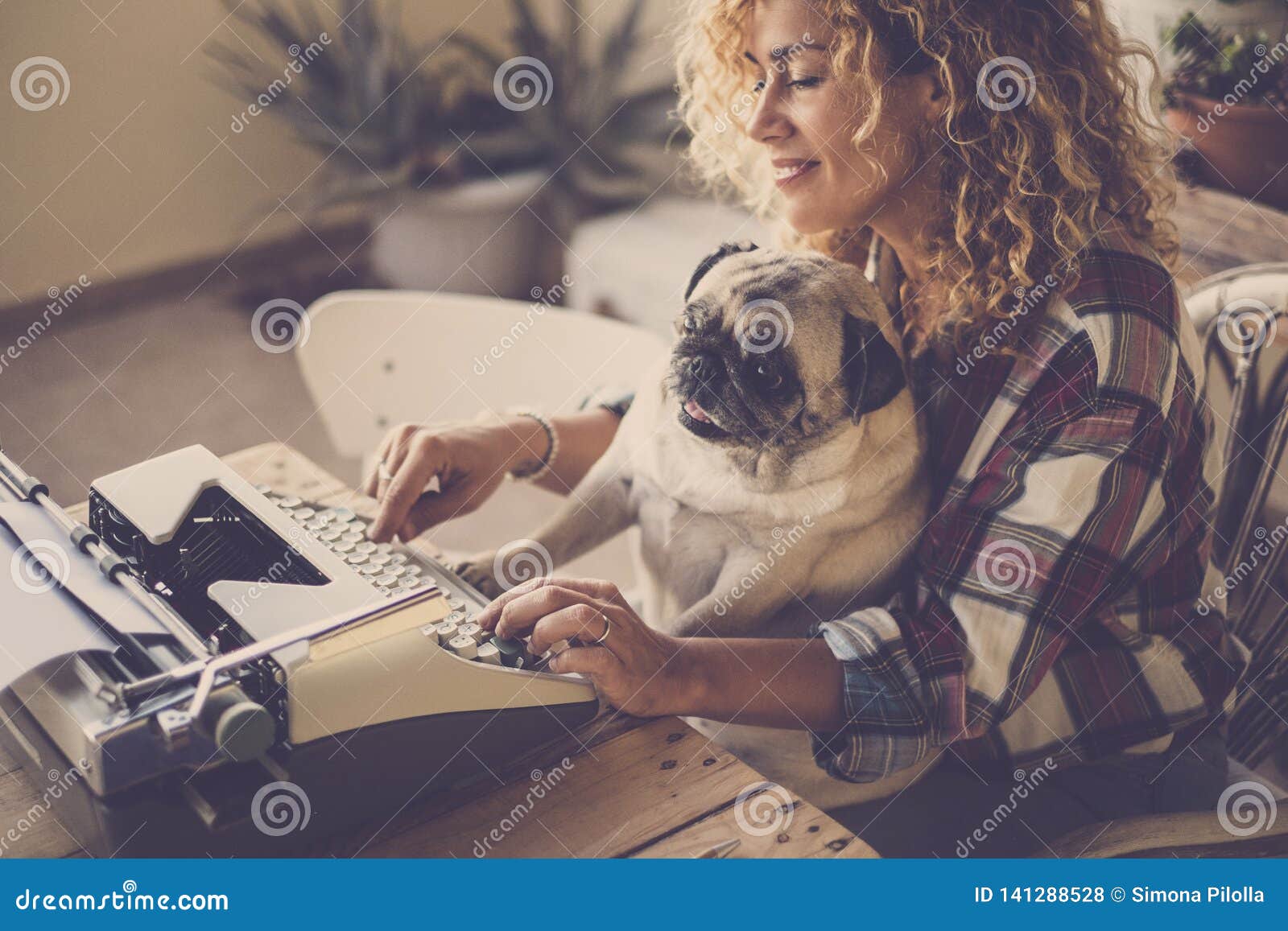Funny Scene with Beautiful Hipster Curly Blonde Lady Working and Typing on  Old Typewriter Writing a Blog or Book while Her Best Stock Photo - Image of  house, mother: 141288528