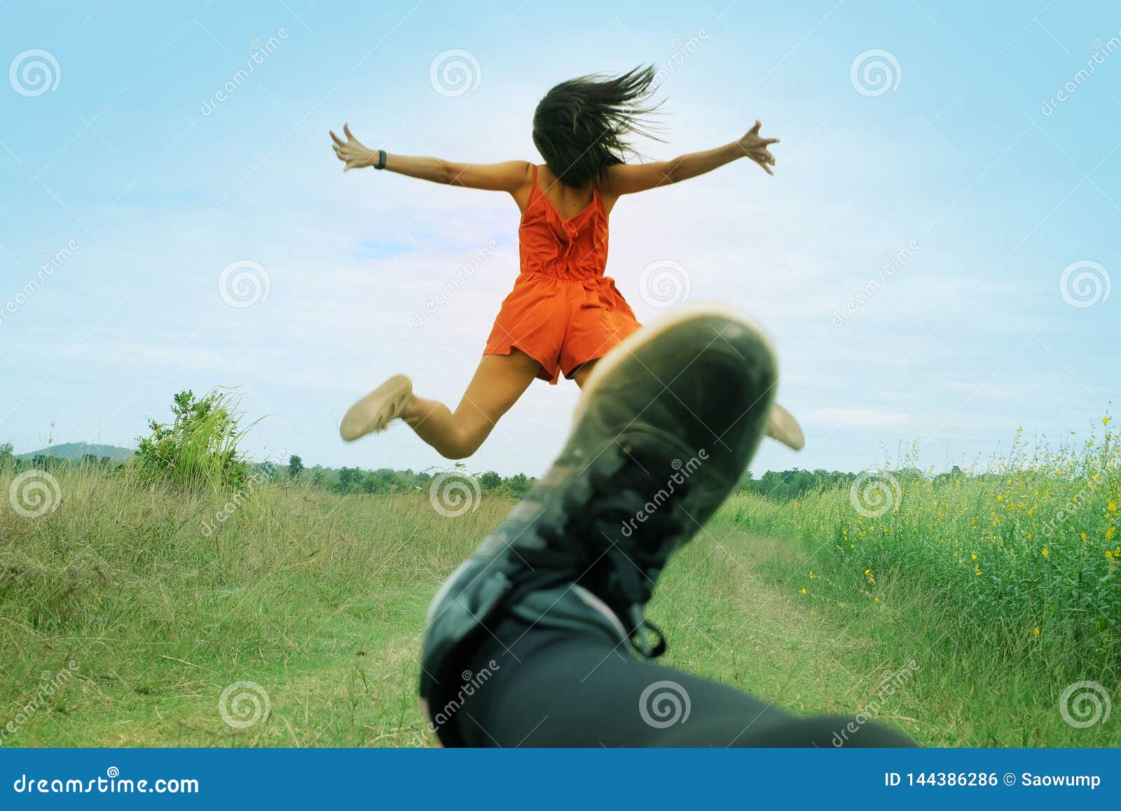 funny shot, woman flit on sky.