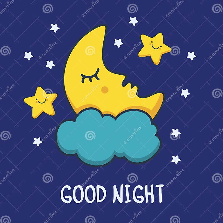 Funny Sketching Sleeping Moon and Smiling Stars. Vector Cartoon Stock ...