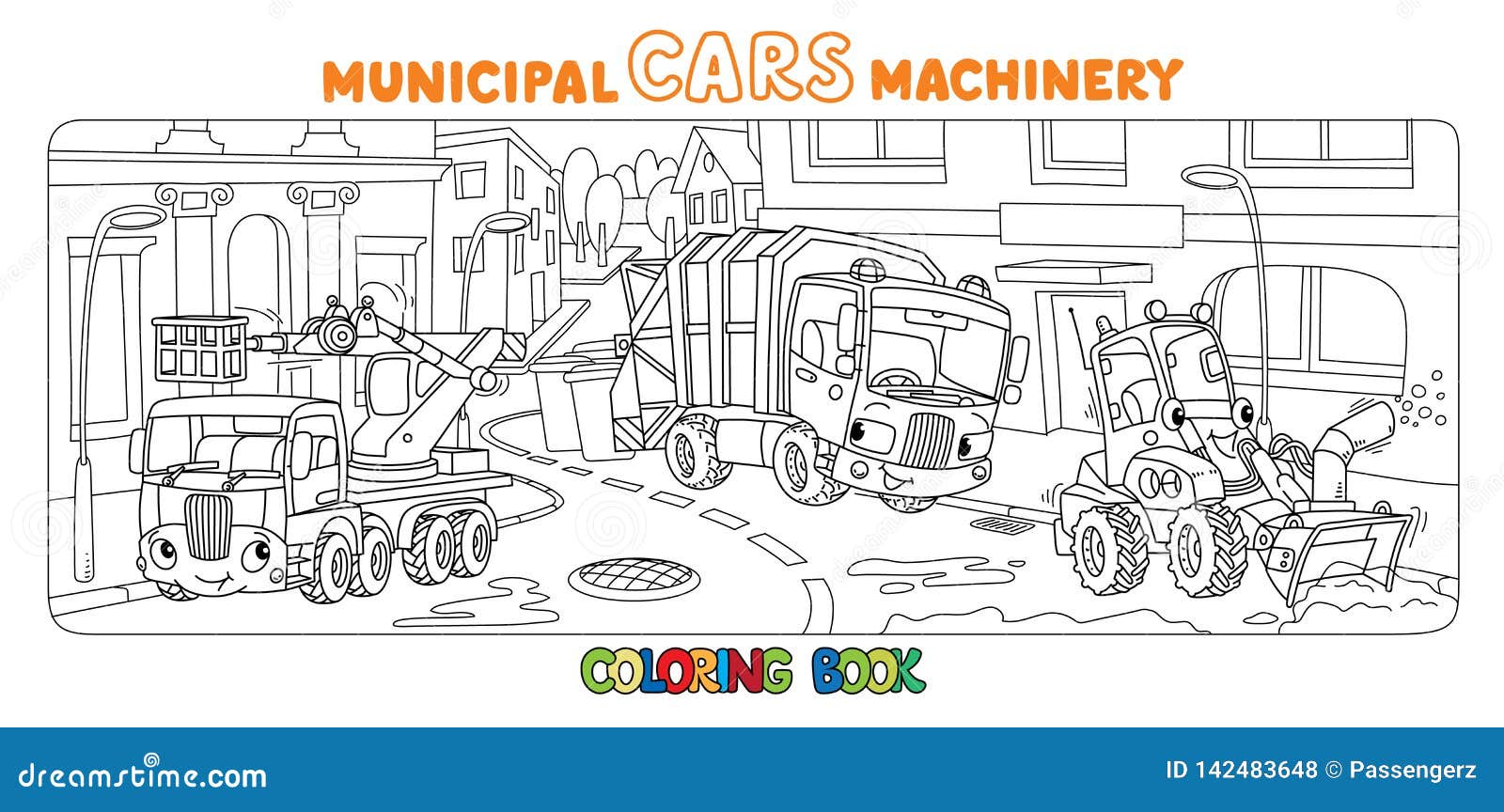 funny small municipal cars with eyes coloring book