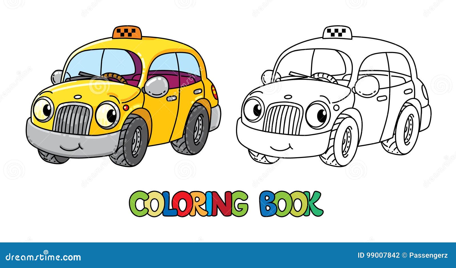 funny small taxi car with eyes. coloring book