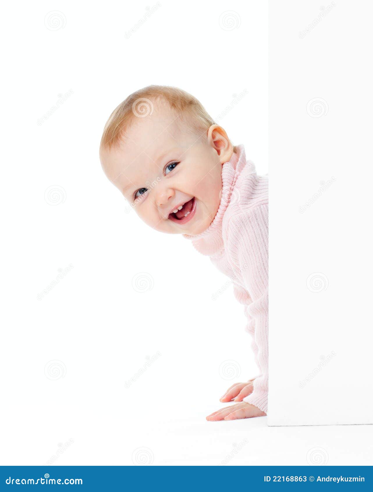 funny smiling girl look out of wall