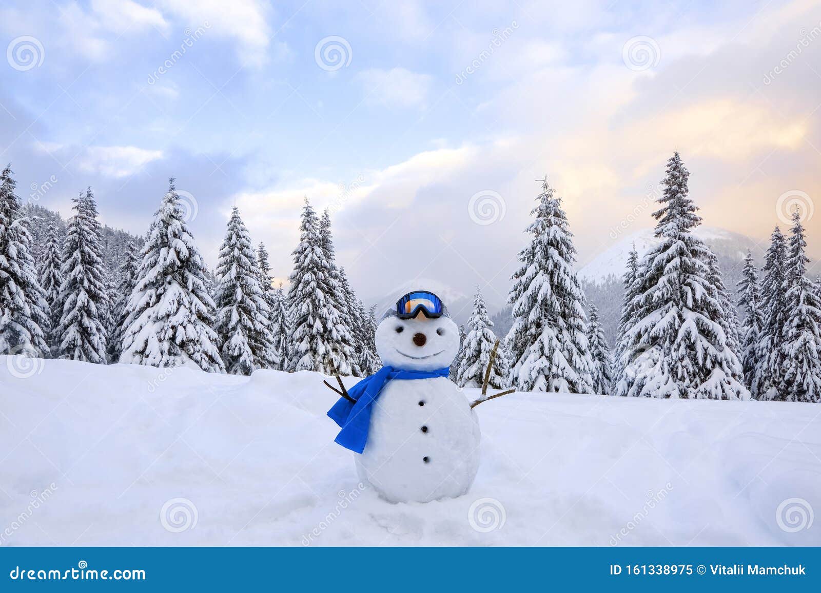 Funny Snowman in Ski Glasses and Blue Scraf. Winter Landscape with ...