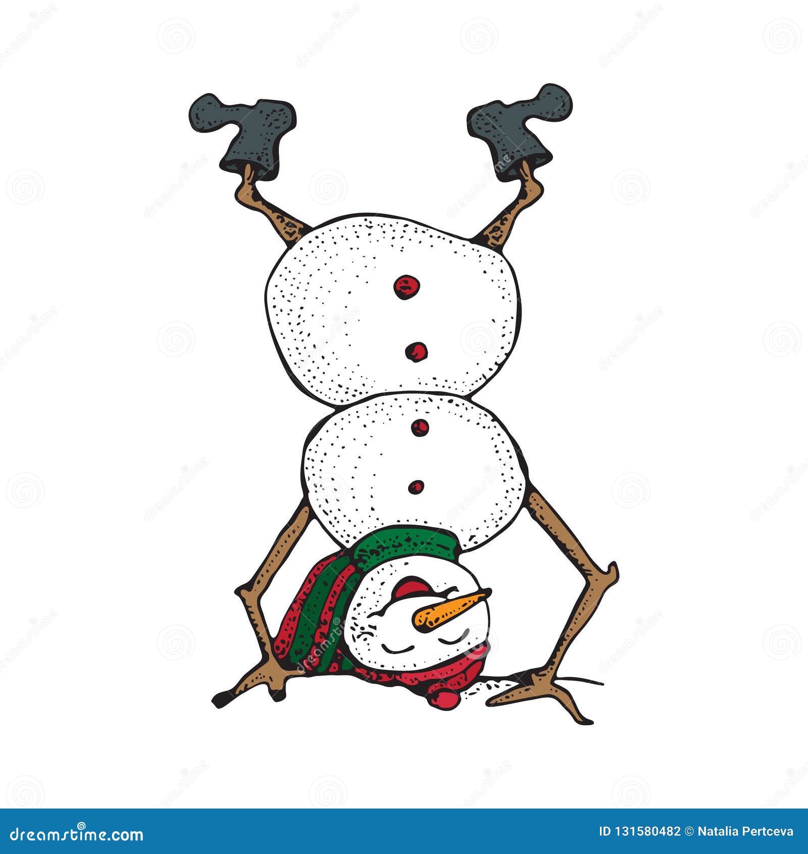 Funny Snowman Upside Down in Sketched Style. Cute Winter Holiday Icon.  Black Line Ink Person in Hat and Knitted Scarf Stock Vector - Illustration  of drawn, decorative: 131580482