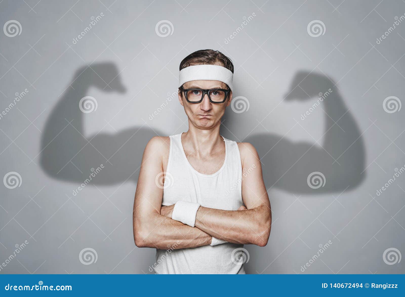 Funny Sport Nerd with Shadow Muscle Arms Stock Photo - Image of body ...