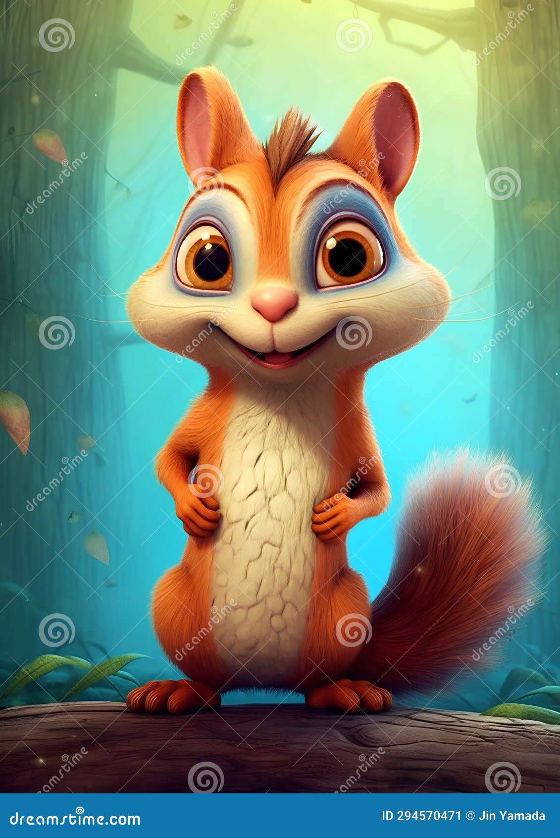 Funny Squirrel in the Forest. 3D Illustration. Cartoon Style Stock