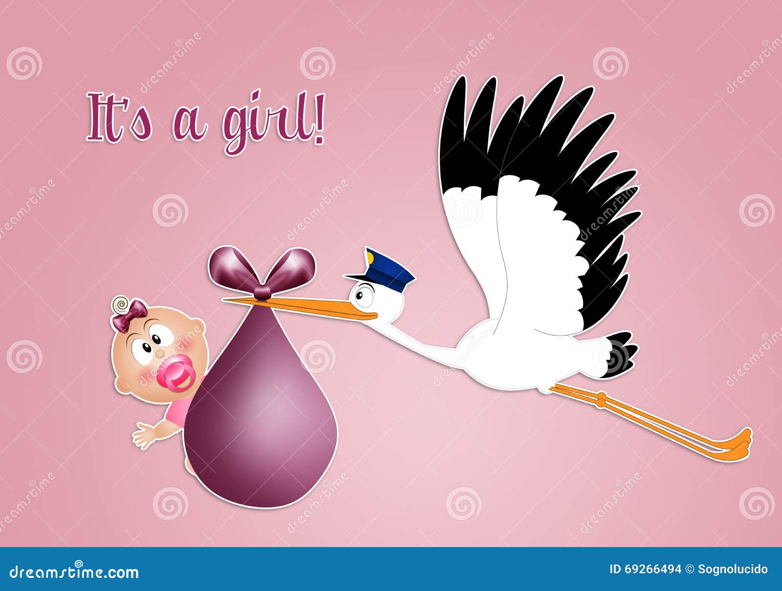 Funny stork with baby girl stock illustration. Illustration of announce -  69266494
