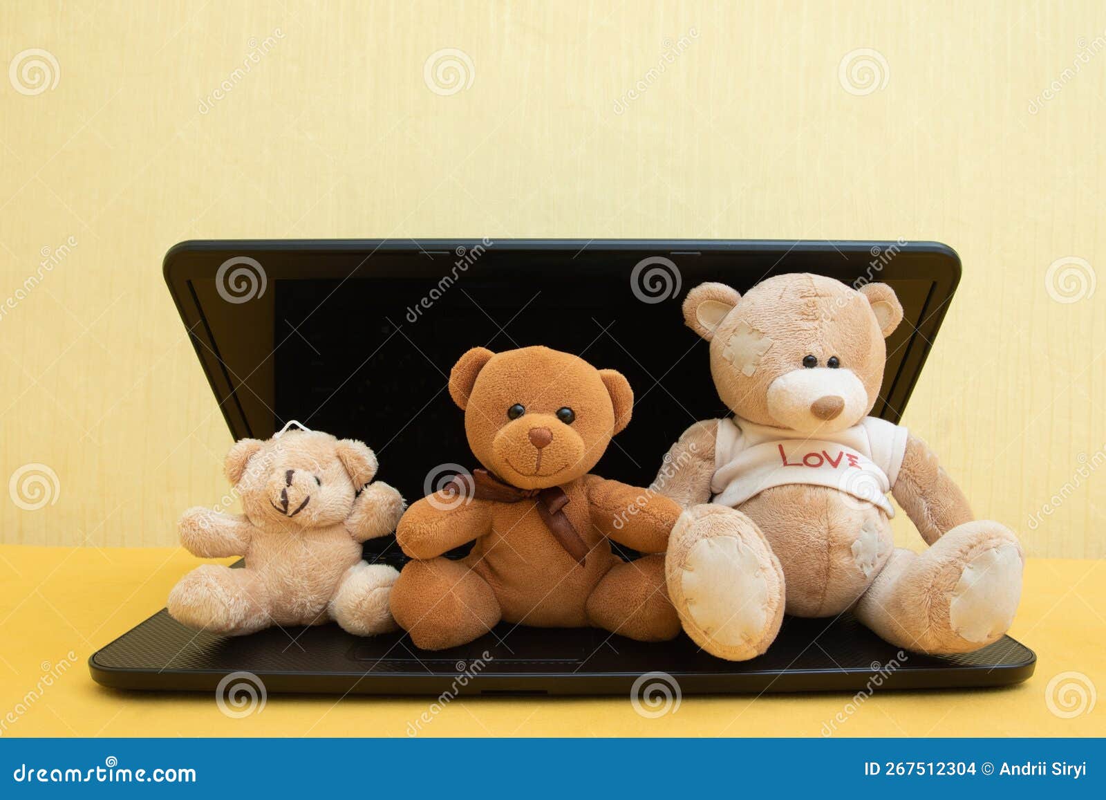 Funny Teddy Bears and Laptop, Copy Space, Yellow Background Stock Photo Image of study, hard