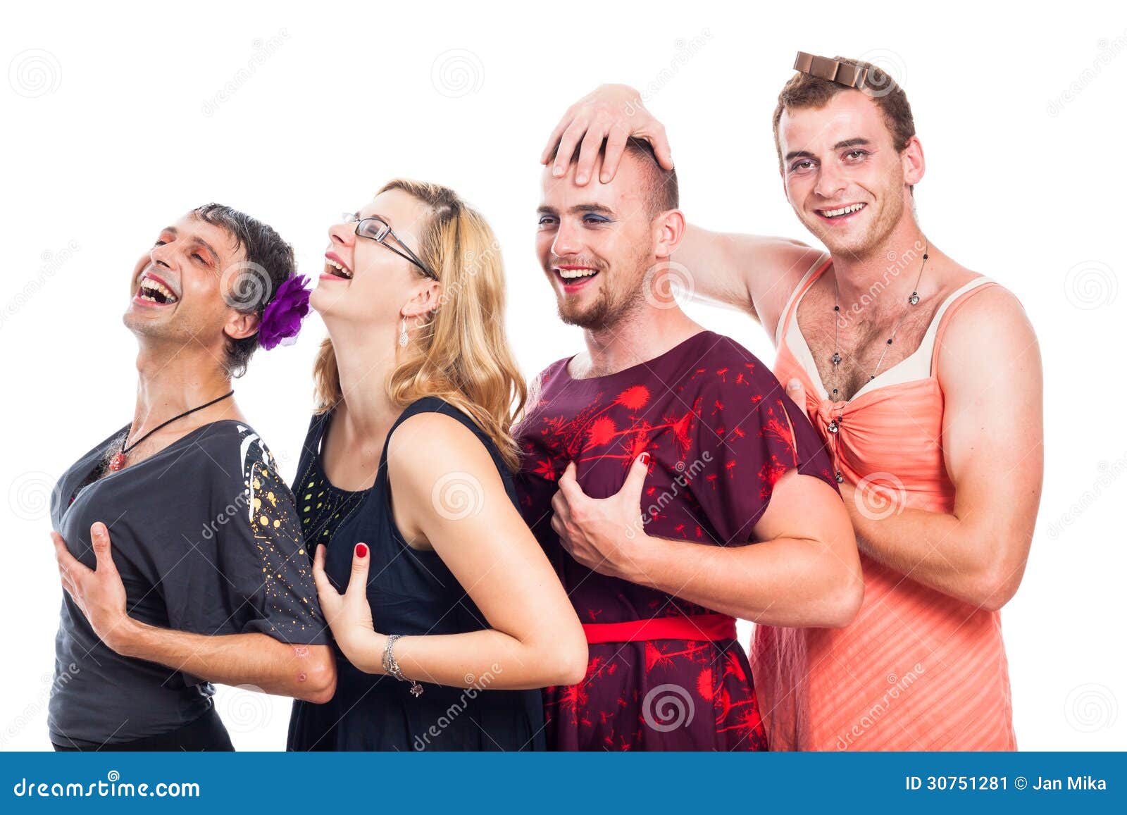 Funny Three Men Cross Dressing And One Woman Stock Image Image