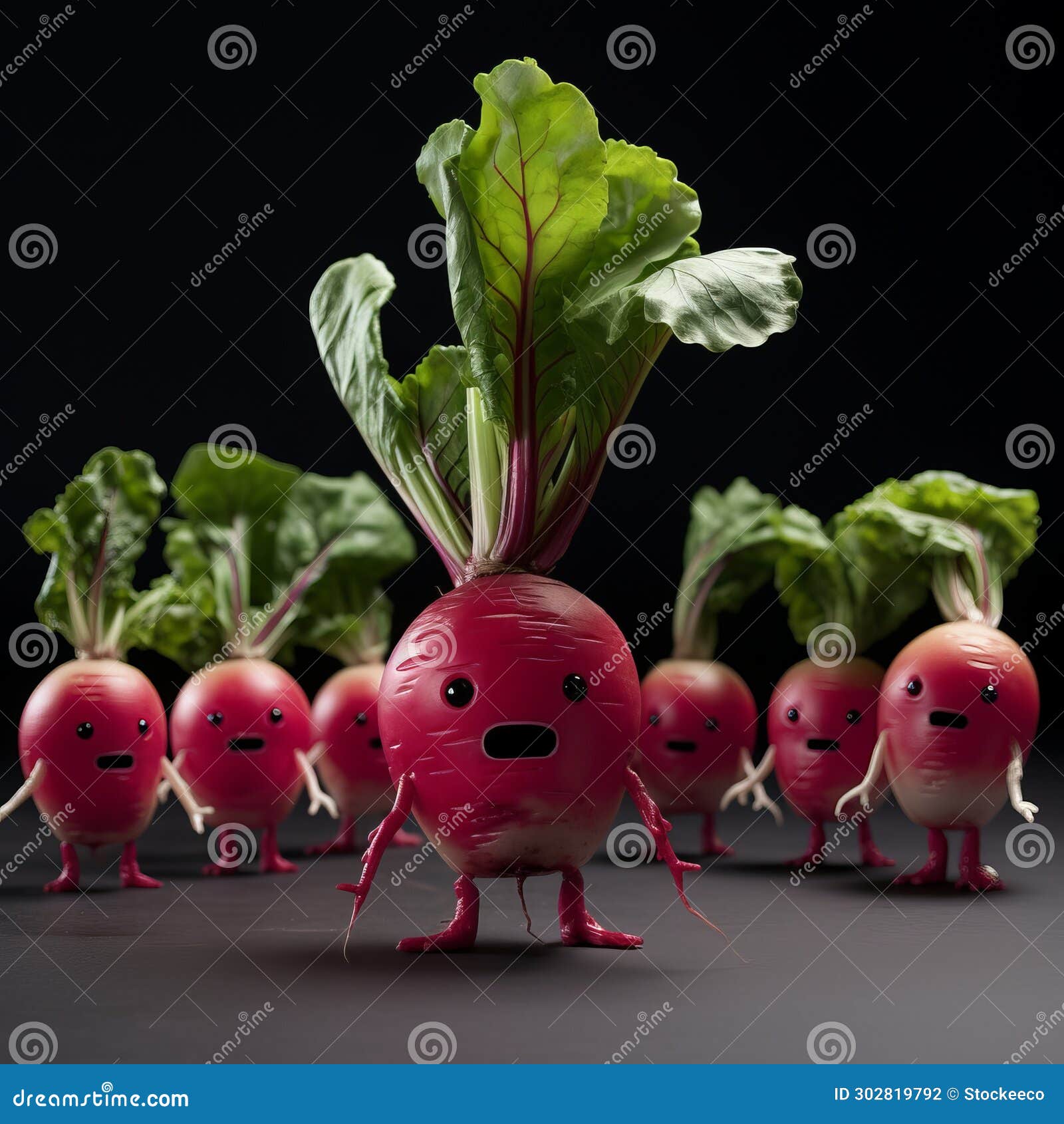 Funny Tilt Shift Cartoons of Radish Communicating with Beet Group Stock