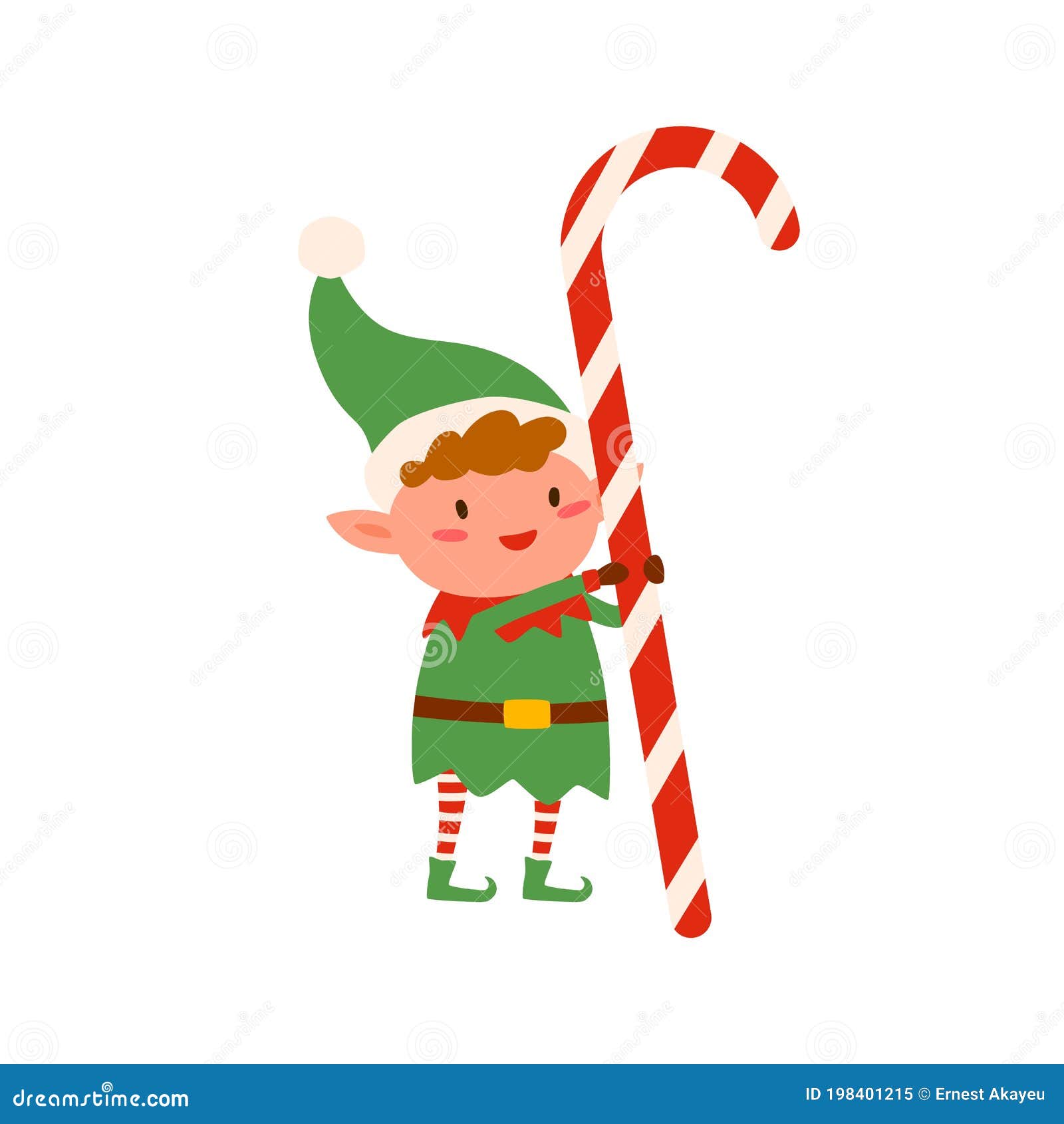 Funny Tiny Elf in Green Costume Holding Huge Christmas Candy Cane ...