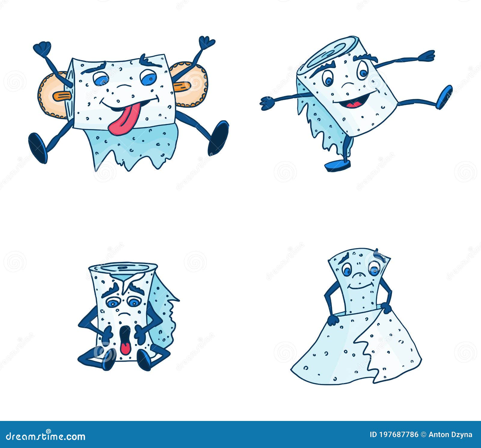 Funny Toilet Monsters in Different Poses. Doodle Stock Illustration