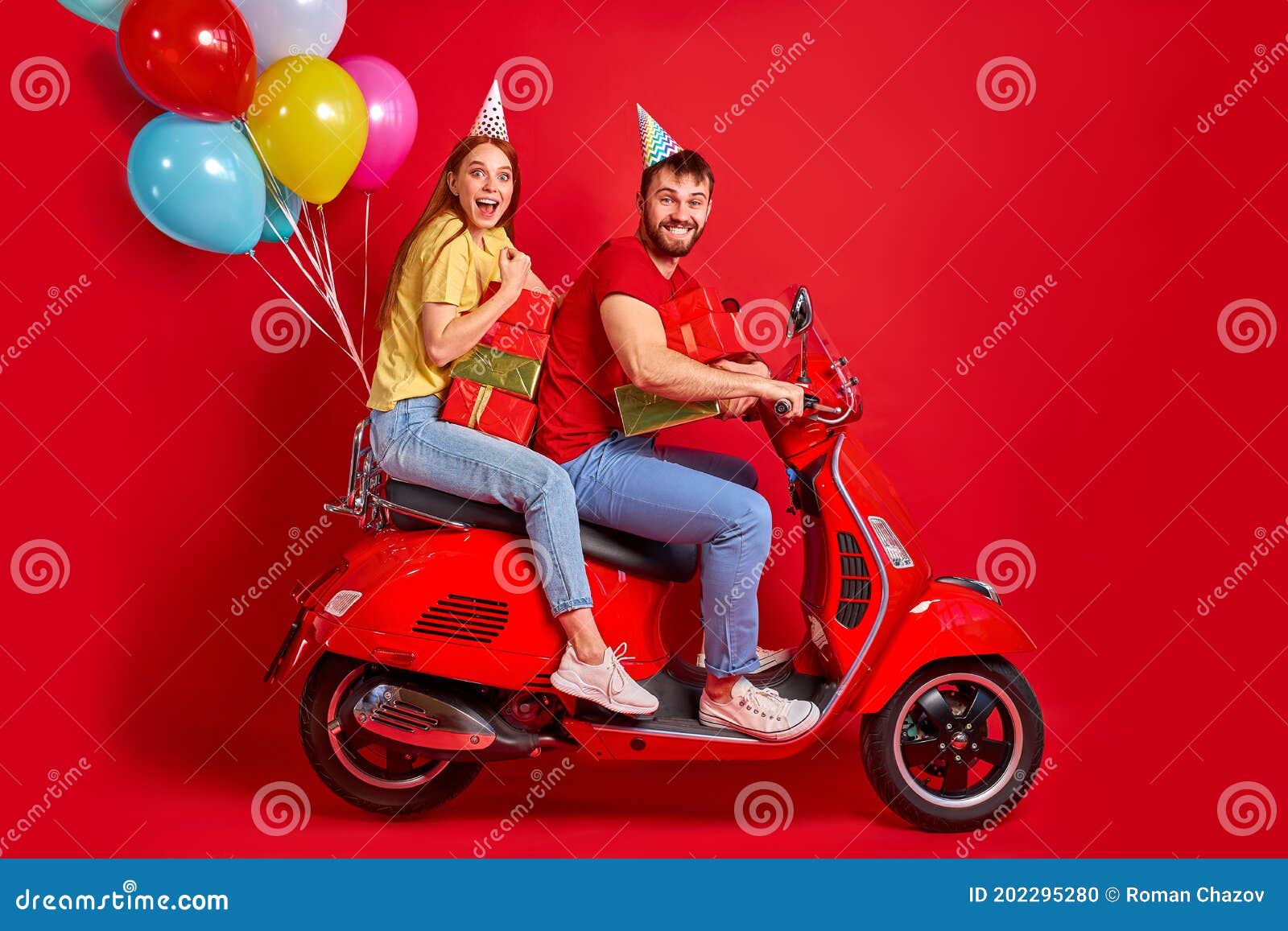 Funny Two People Friends Drive Motorbike Deliver Gifts Presents for  Birthday Stock Photo - Image of celebration, love: 202295280
