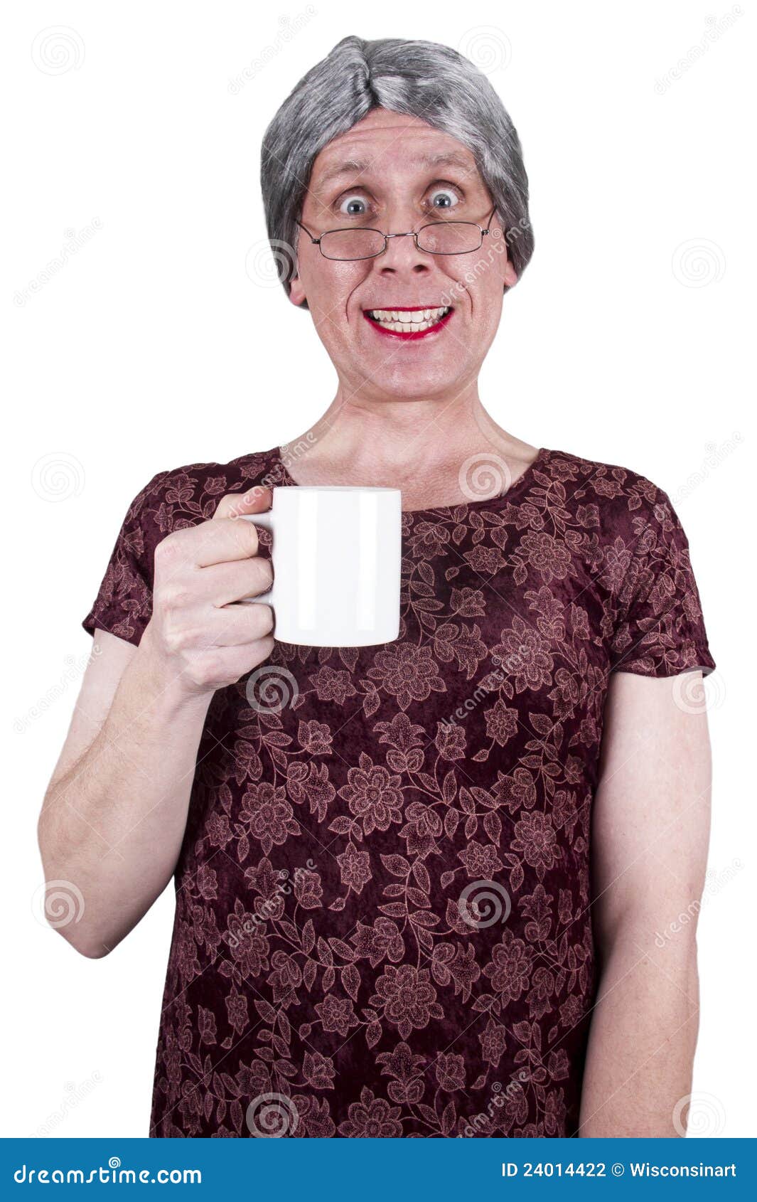Funny Ugly Mature Senior Woman Drink Coffee Stock Photo picture