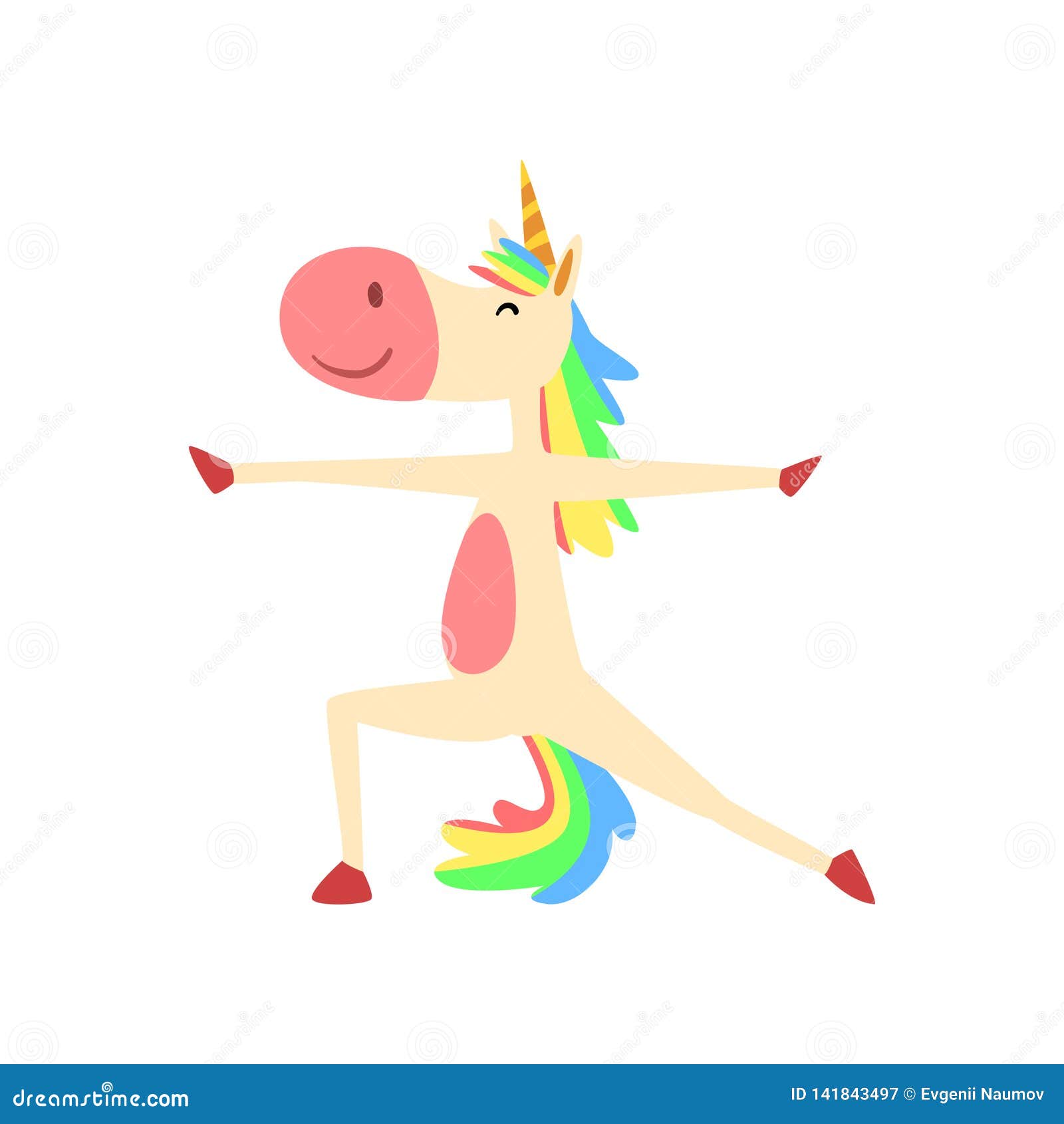 funny unicorn in hero position, fantasy beautiful horse character with rainbow mane and tail practicing yoga exercise