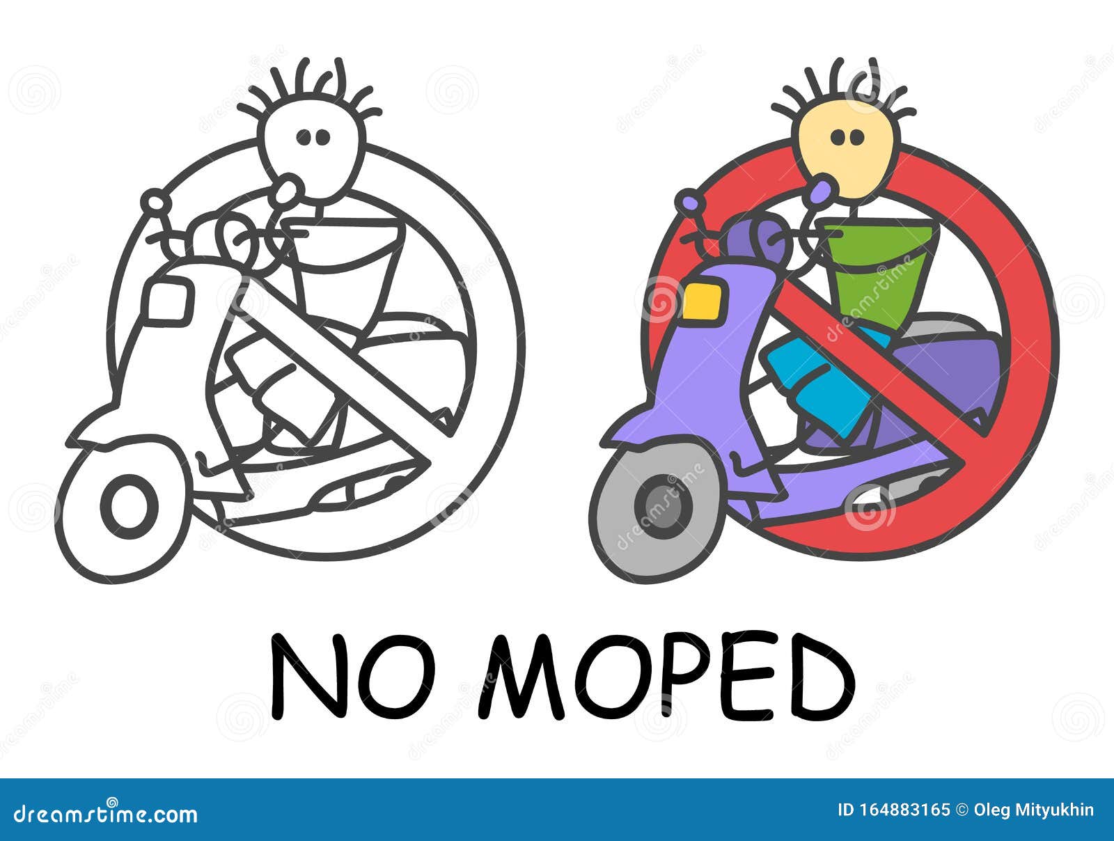funny  stick man on a moped scooter in children`s style. ban on parking sign red prohibition. stop . prohibition icon