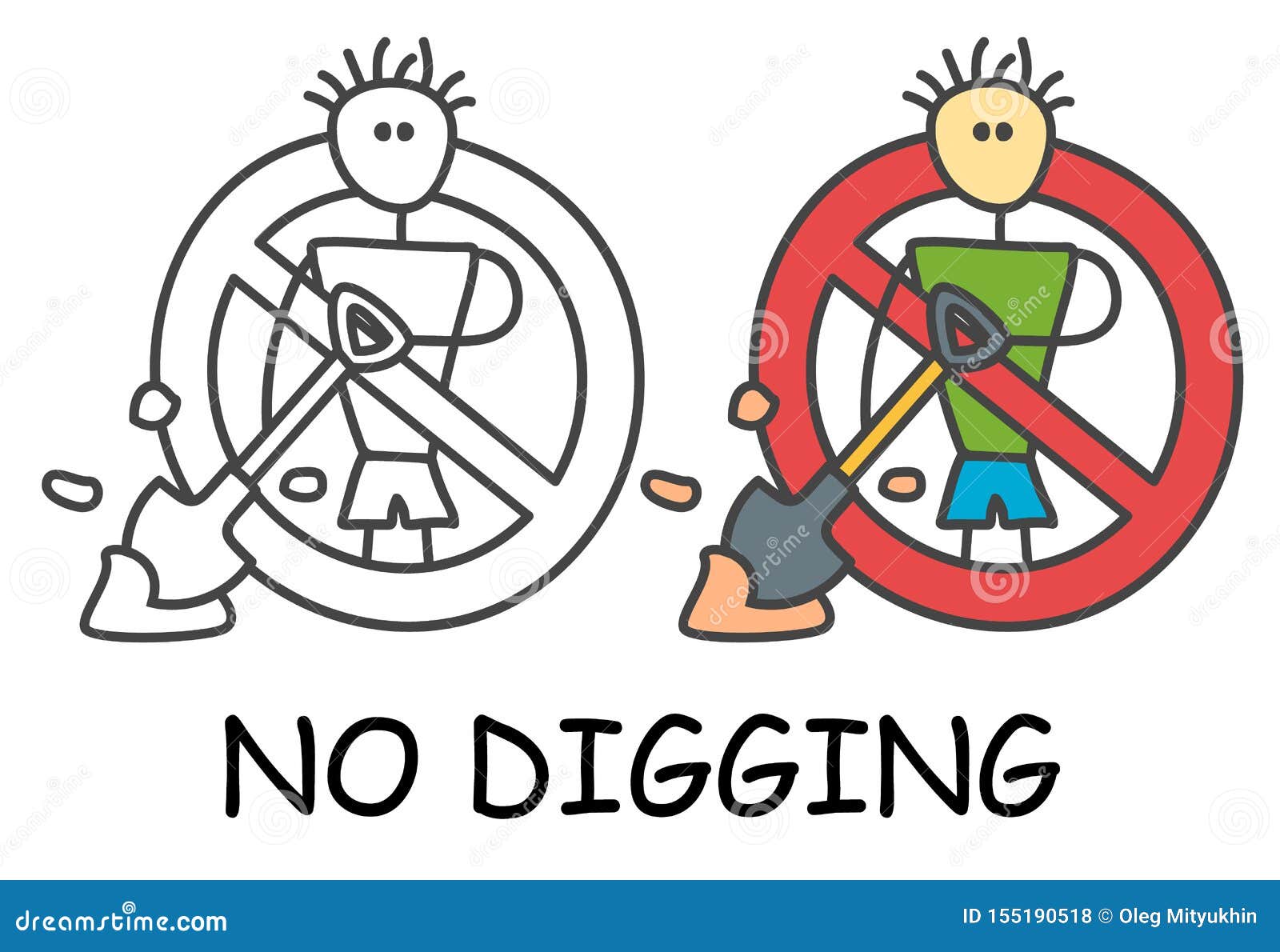 funny  stick man with a shovel in children`s style. no digging no excavate sign red prohibition. stop .