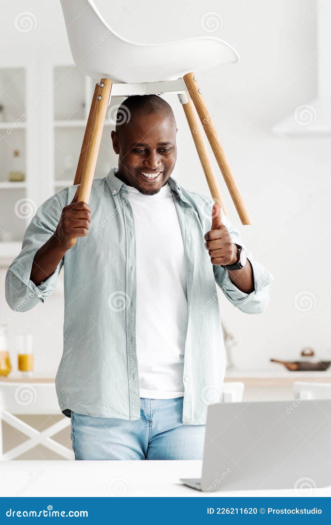 Funny Video about Renovation and Furniture. Happy Black Man Showing Ready-made Chair, Having Video Chat on Laptop Stock Photo - Image of blog, internet: 226211620 Funny Video about Renovation and Furniture. Happy Black Man Showing Ready-made Chair, Having Video Chat on Laptop Stock Photo - Image of blog, internet: 226211620