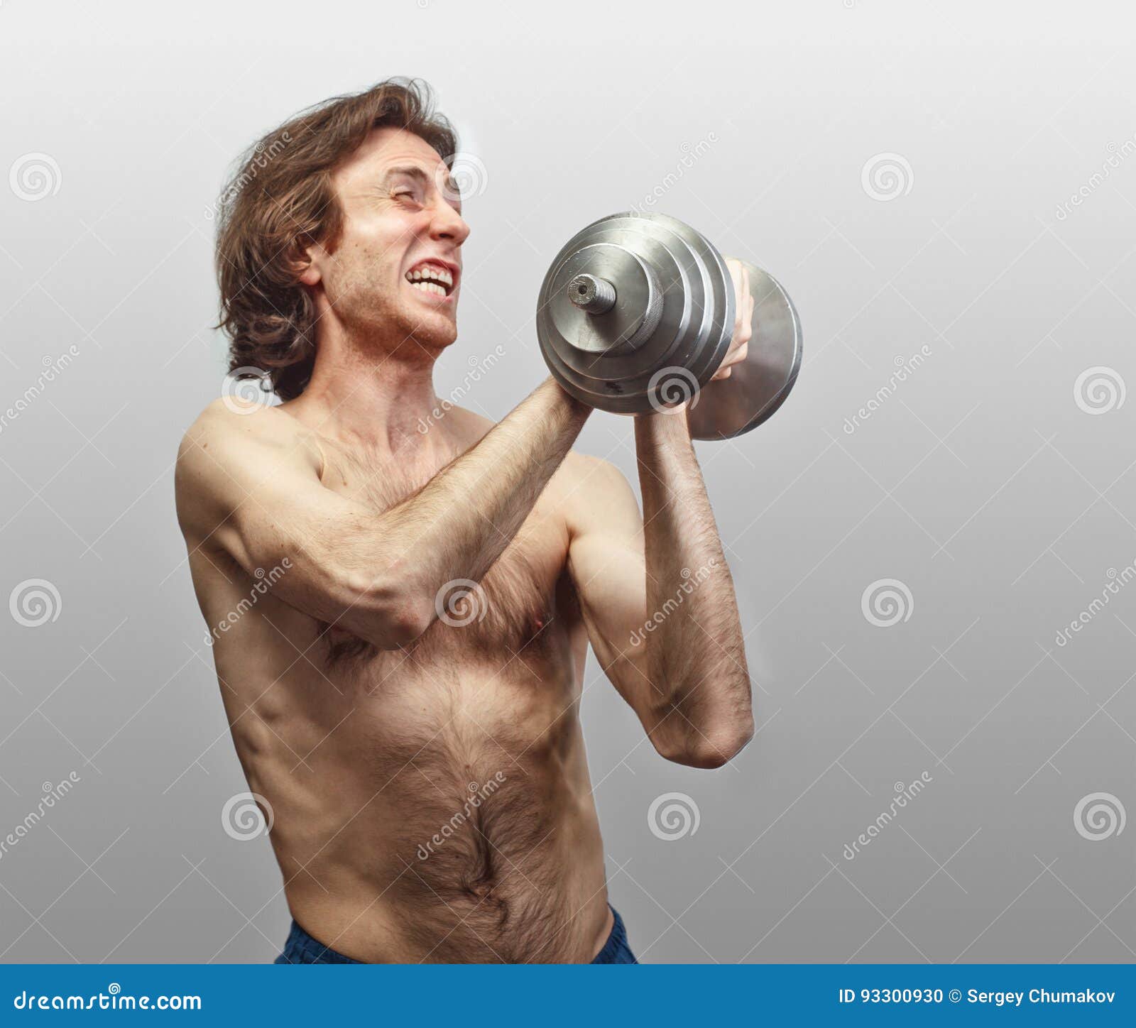 Funny Weak Male with Dumbbell Stock Photo Image of growth, humor