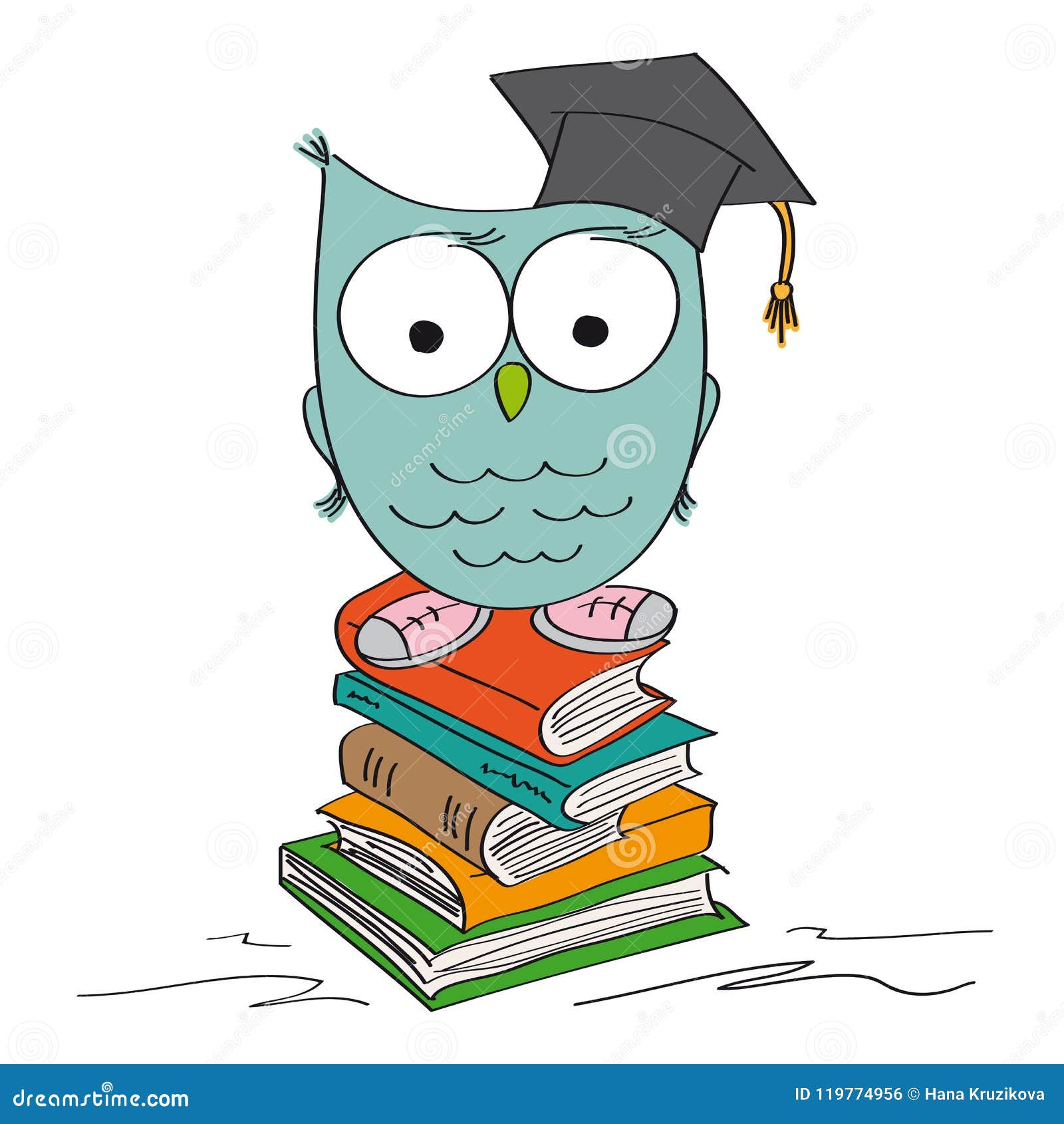 Funny Wise Owl Standing On The Pile Of Books Graduation Cap On
