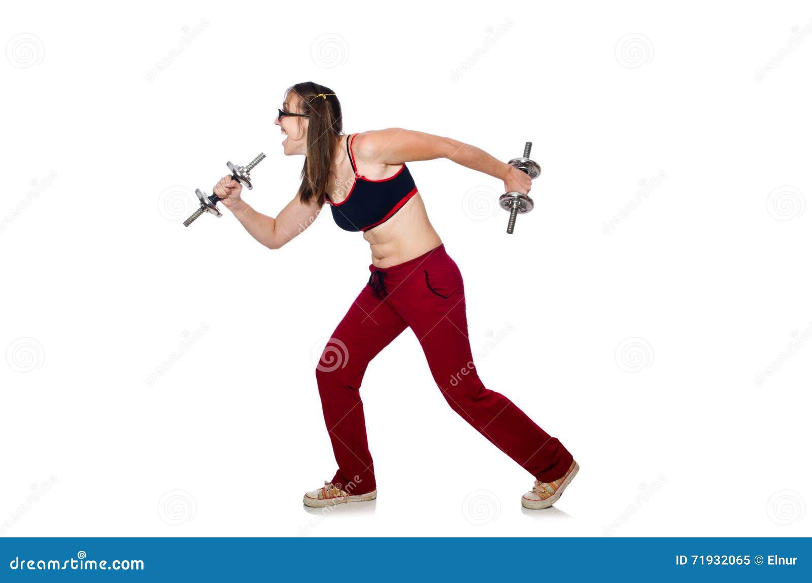The Funny Woman with Dumbbells Isolated on White Stock Image Image of